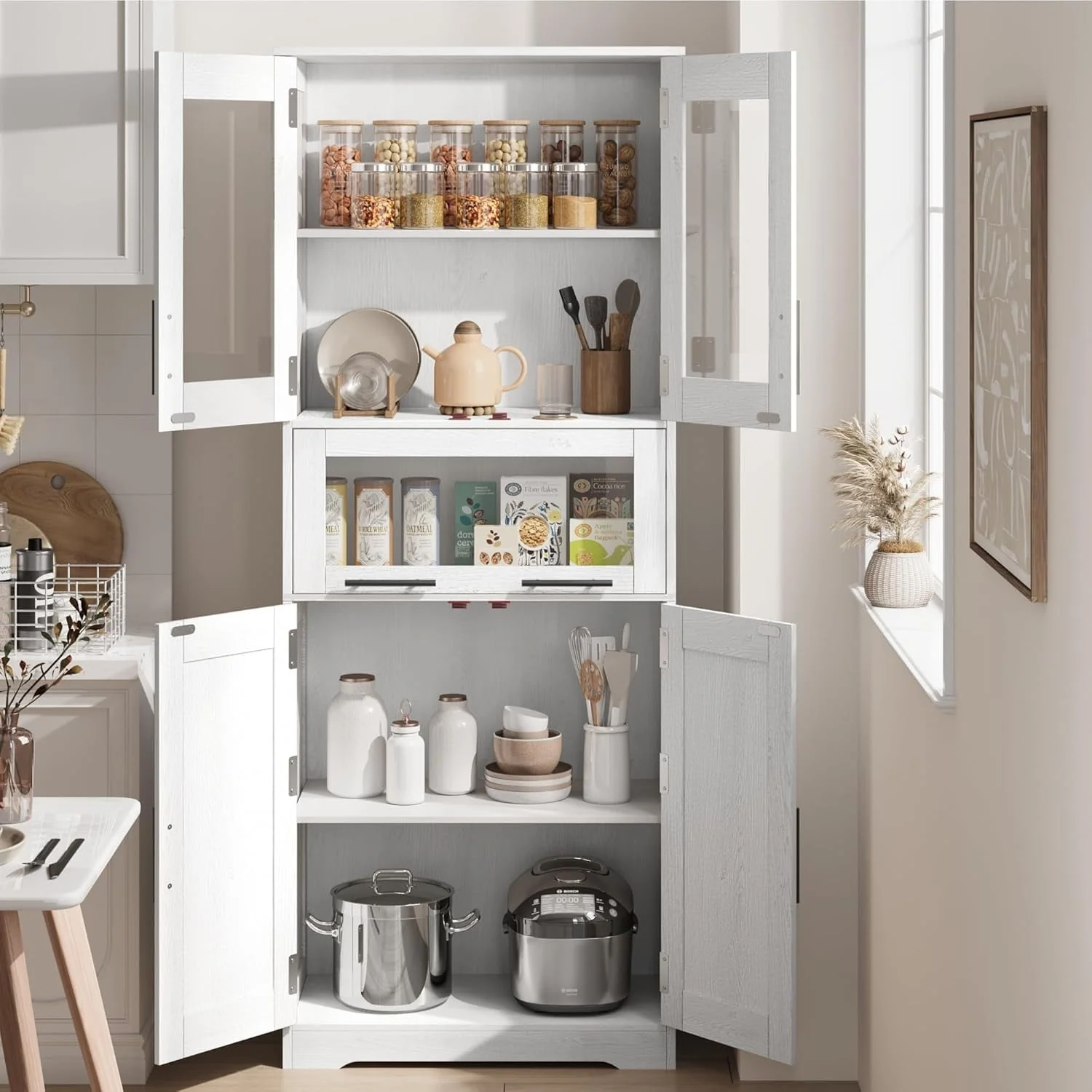 Tall Bathroom Cabinet, Linen Storage Cabinet with Doors and Adjustable Shelves and Drawer