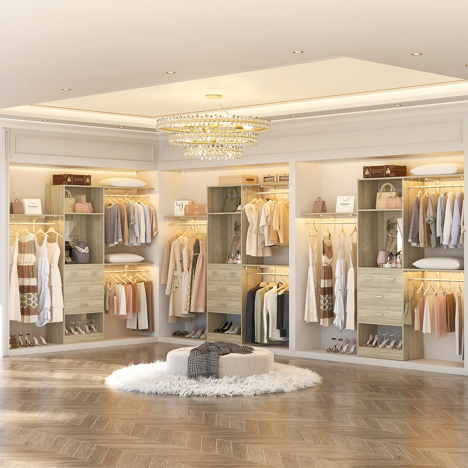 96'' W Closet System with Mirror, 8FT Walk-in Closet Organizer Kits with 4 Wooden Drawers ＆ 3 Extendable Hanging Rods