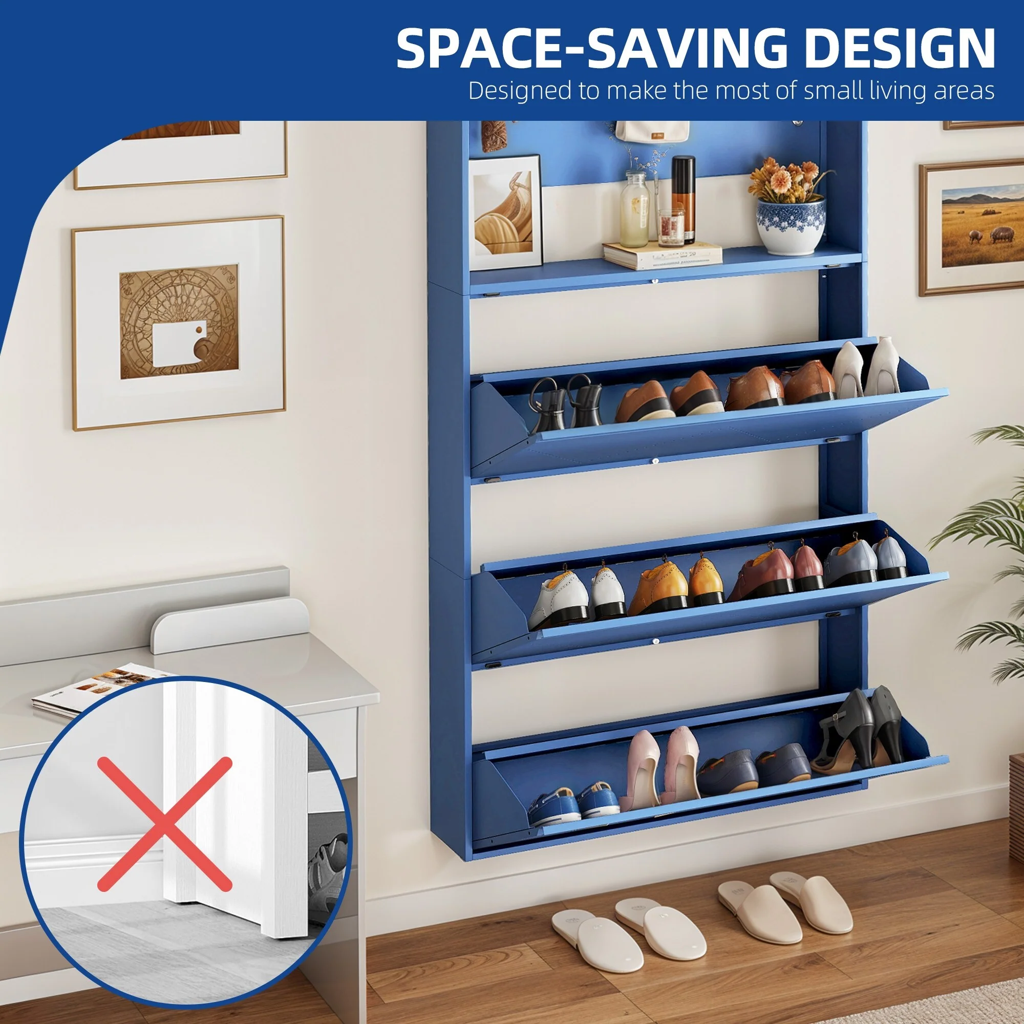 Moasis Wall-Mounted Shoe Cabinet with 3 Flip Drawers, Shoe Organizer with Hanging Bars and Hooks
