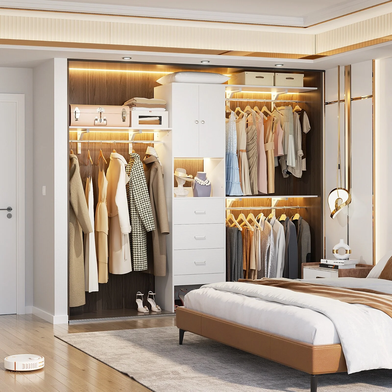 20''-96'' Wide Wooden Closet Organizer With Doors, Adjustable Closet System with Drawers and Hanging Rods