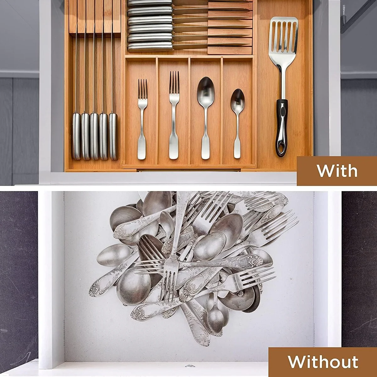 Utensil Organizer - Bamboo Expandable Silverware Organizer, Utensil Holder & Cutlery Tray with Divider and Removable Knife Block