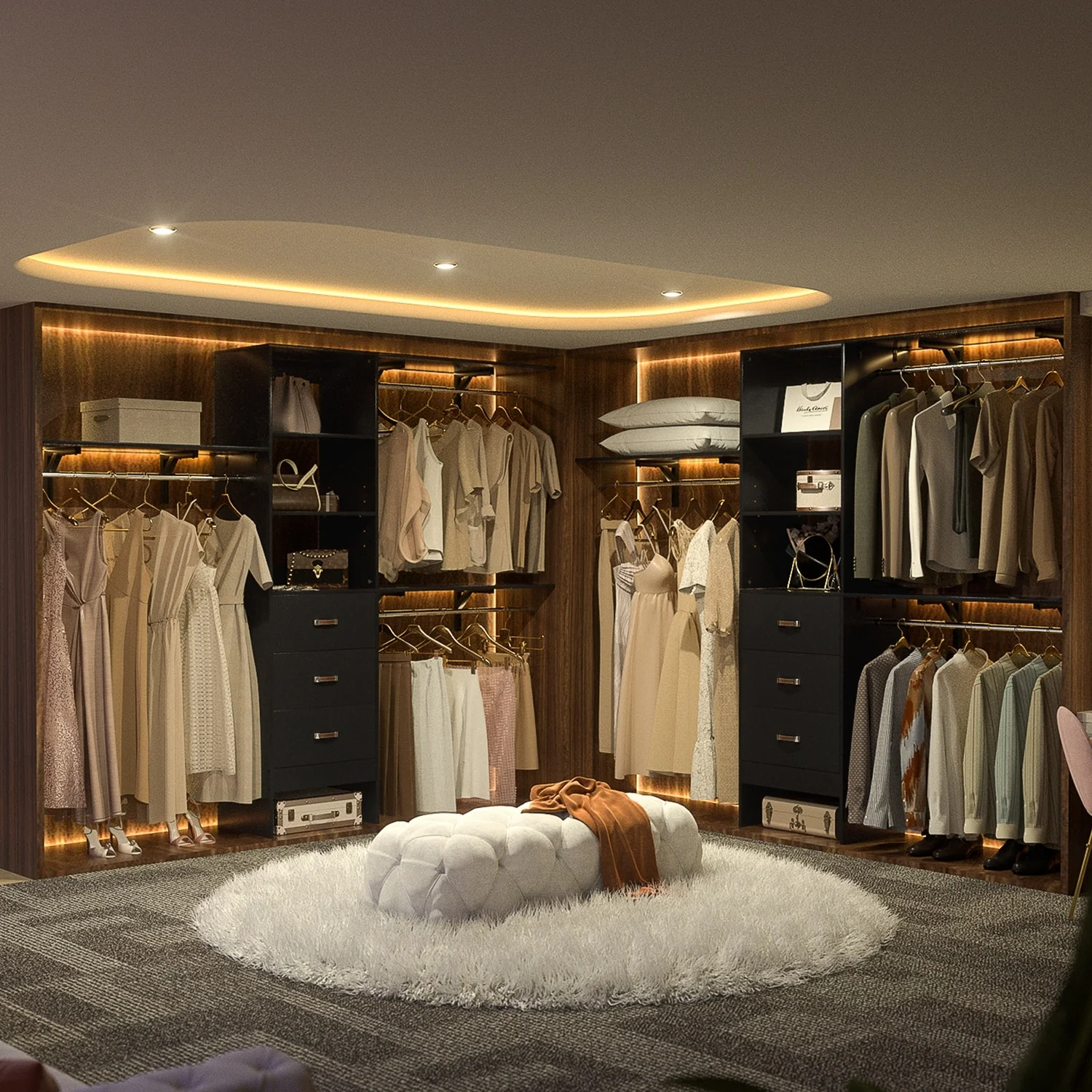 Rackcog 120'' Closet Organizer with Drawers, Closet System with DIY Shelves for Reach-in and Walk-in Closet