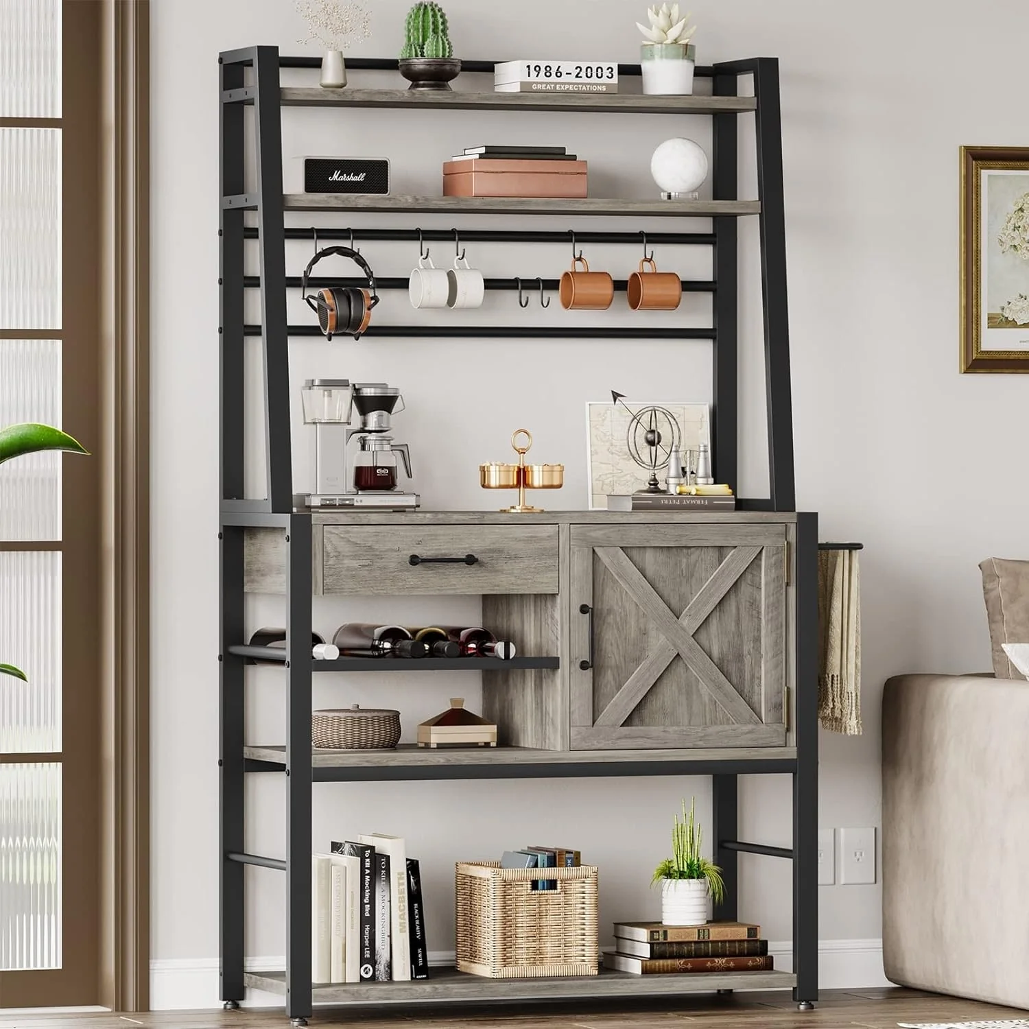 Baker's Rack Coffee Bar Cabinet Farmhouse Microwave Stand