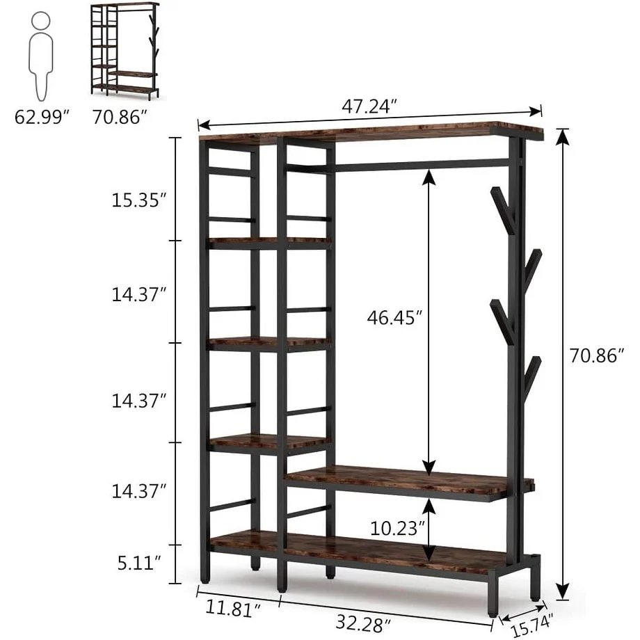 Free-standing Closet with Hooks, metal Clothes Garment Rack with Shelves and Hanging Rod