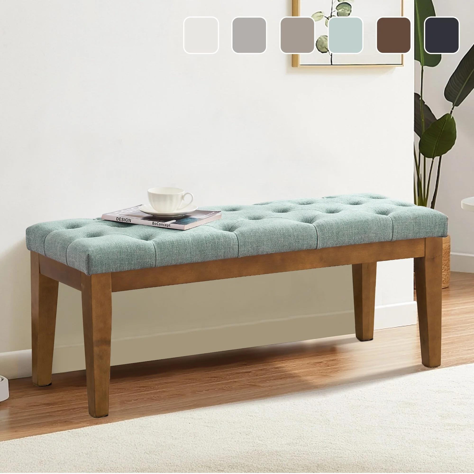 Button-Tufted Bench for End of Bed, Entryway Bench Beige/ Black/ Brown Solid Wood, Leather, Fabric 44-inch