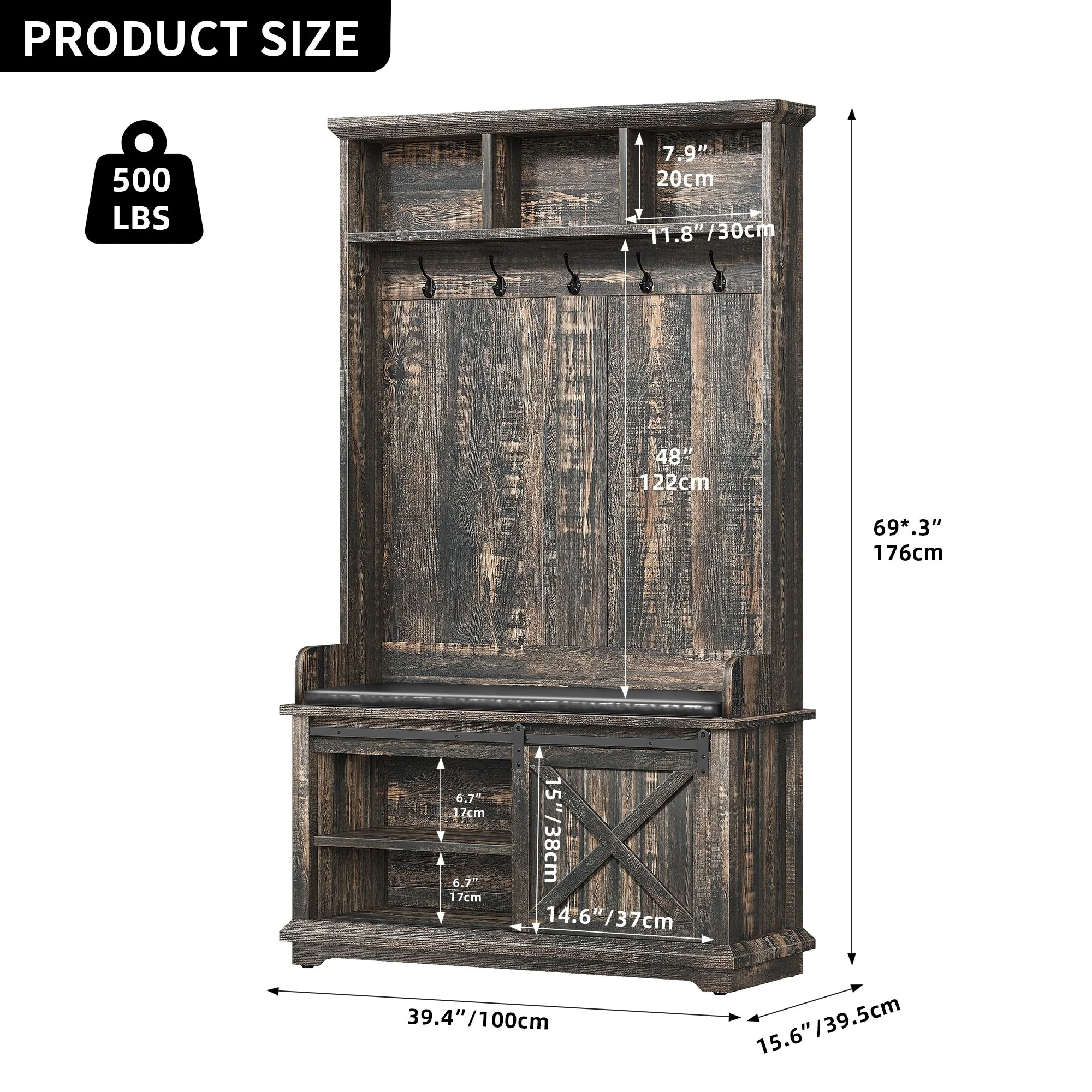 Moasis Farmhouse Hall Tree with Bench and Shoe Storage with 10 Hooks for Entryway