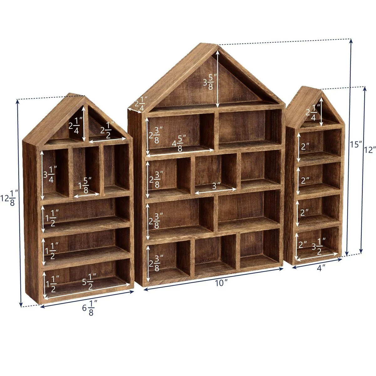 House-Shaped Wooden Shadow Cubby Display Shelf, Set of 3