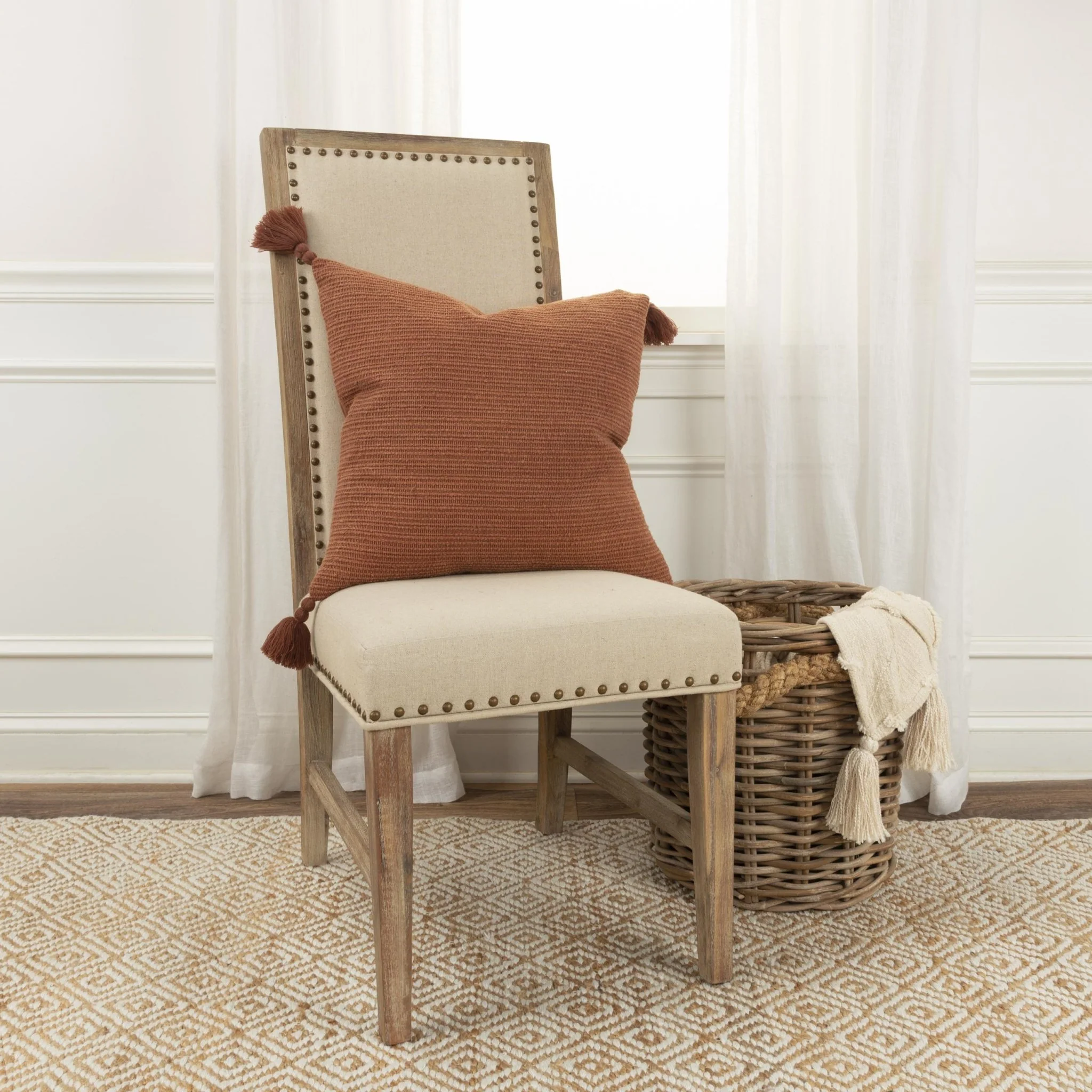 Knife Edged Woven Cotton Solid Stripe Decorative Throw Pillow