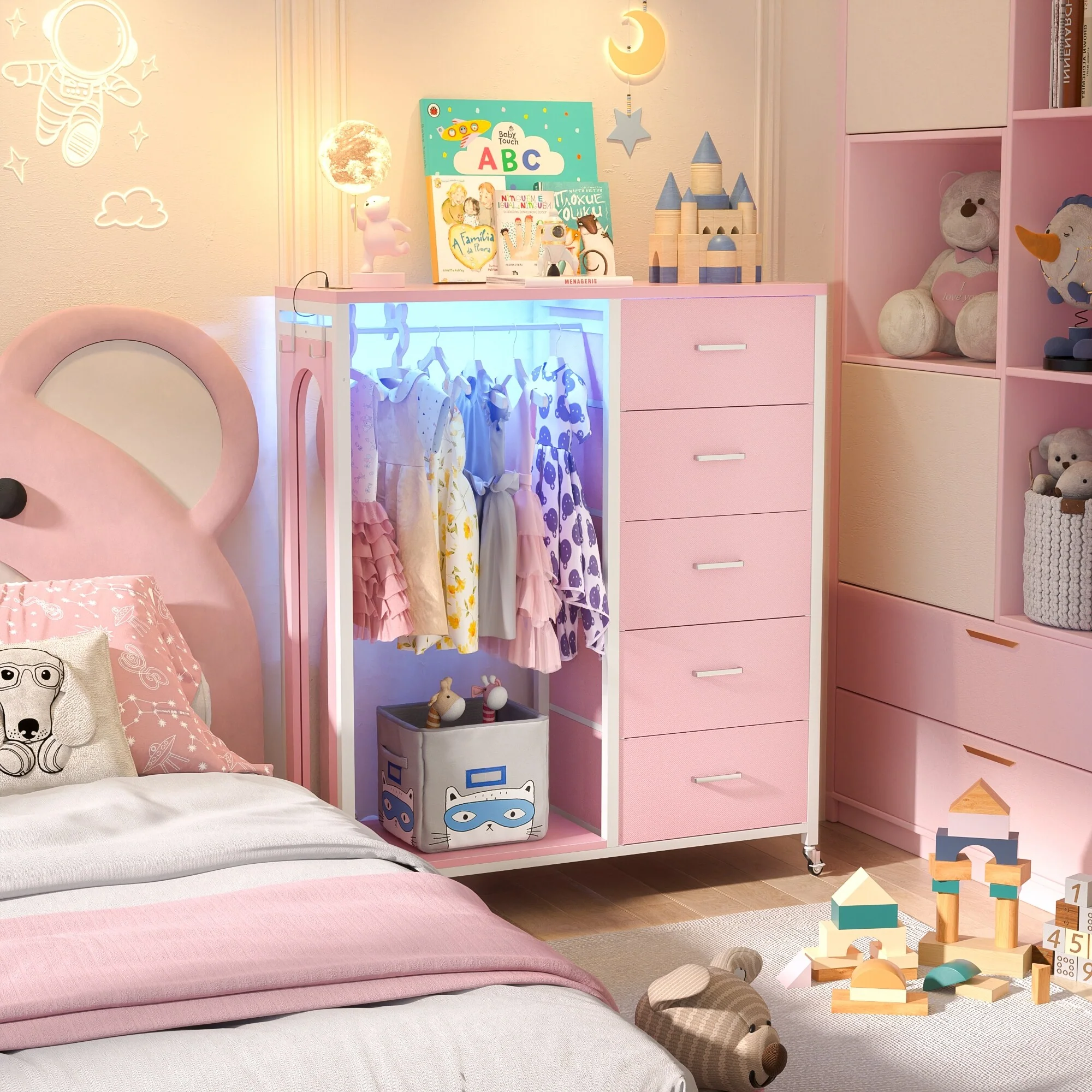 Kid's Closet Organizer with Fabric Drawers and Mirror, Rolling Dresser and Chest with Charge Station
