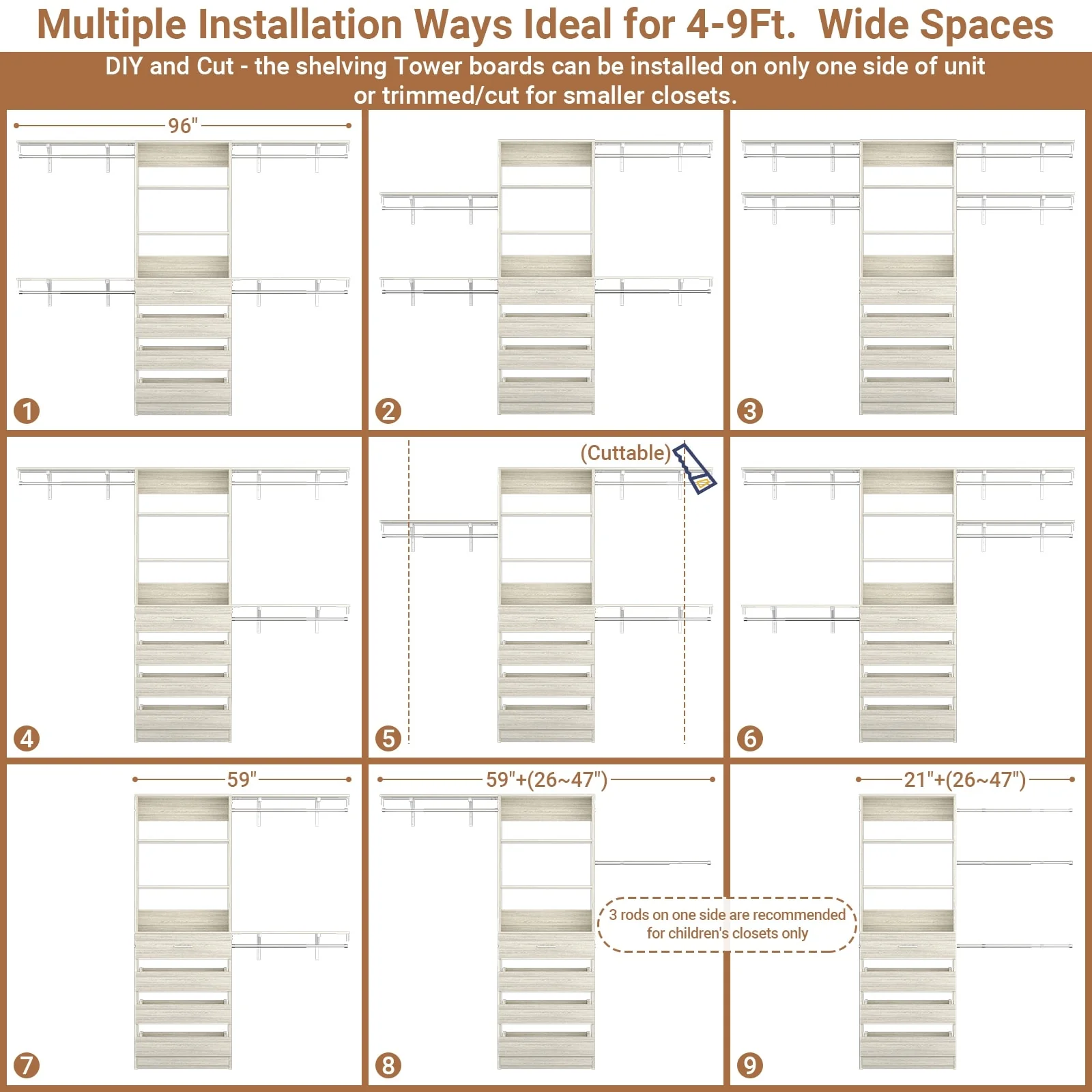 Rackcog 96'' Closet System with 4 Drawers and 4 Hanging Rods, 8FT Wood Closet Organizer for Walk-in Closet