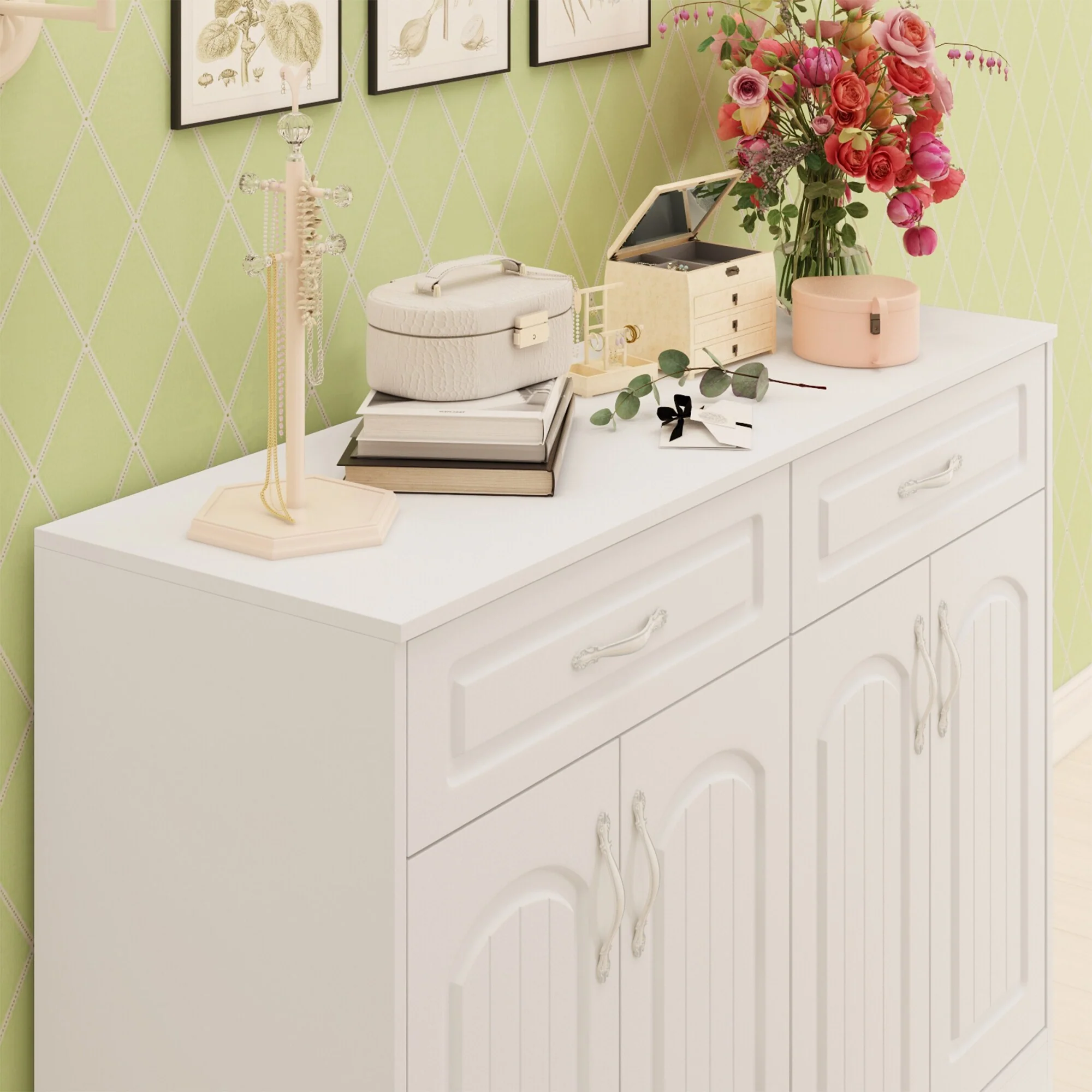 Multi-Functional White Shoe Cabinet with Adjustable Shelves Entryway
