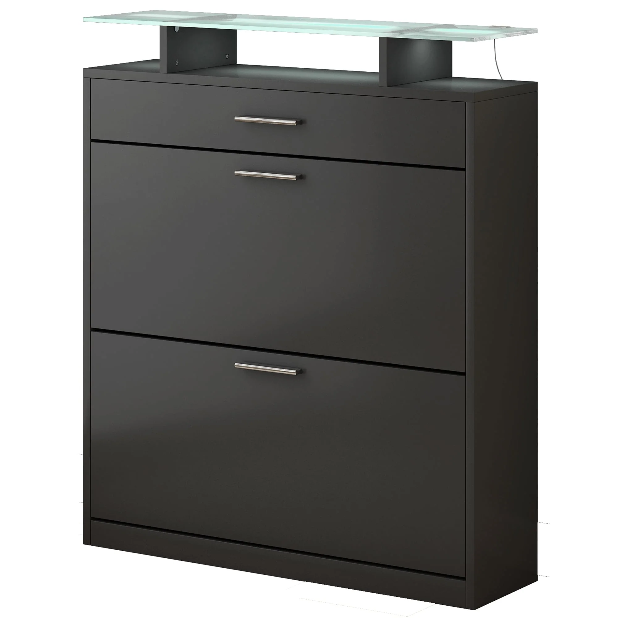 ON-TREND Slim Entryway Organizer with LED Light, two Flip Drawers, and Tempered Glass Top