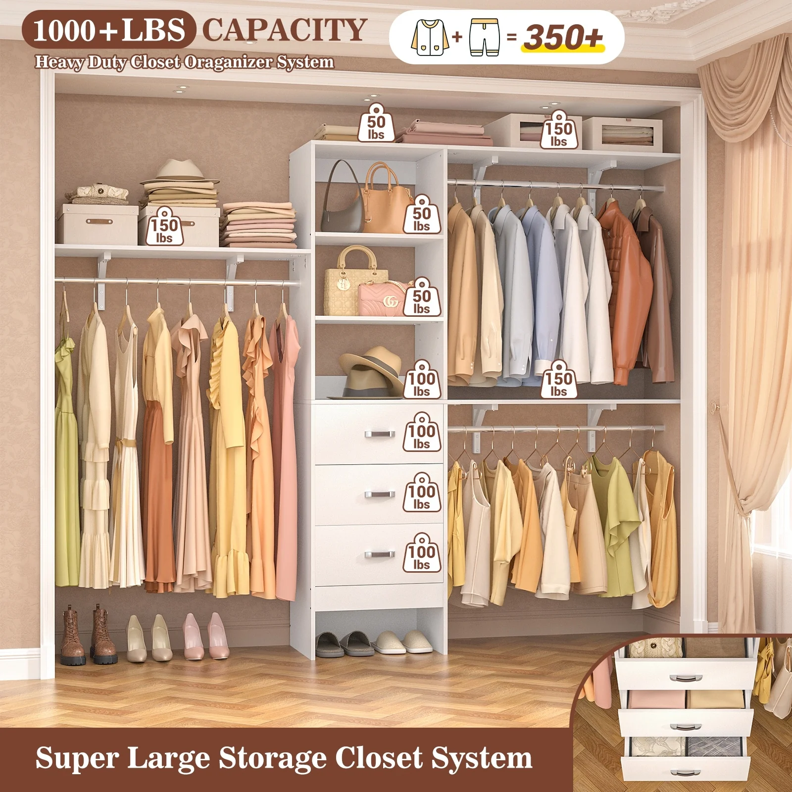 Rackcog 120'' Closet Organizer with Drawers, Closet System with DIY Shelves for Reach-in and Walk-in Closet