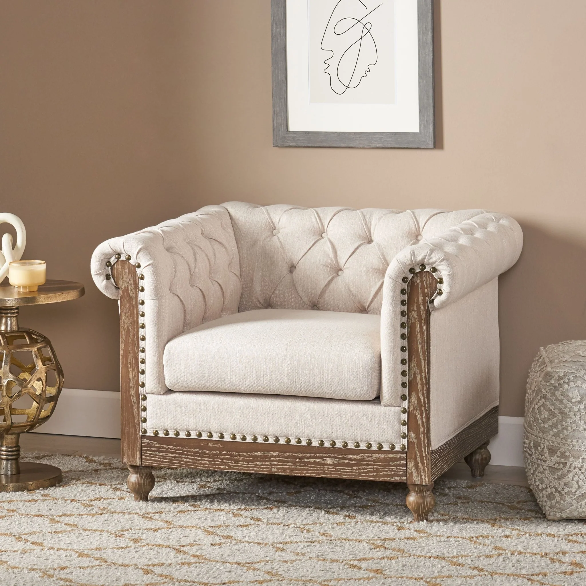 Upholstered Fabric Club Chair with Nailhead Trim