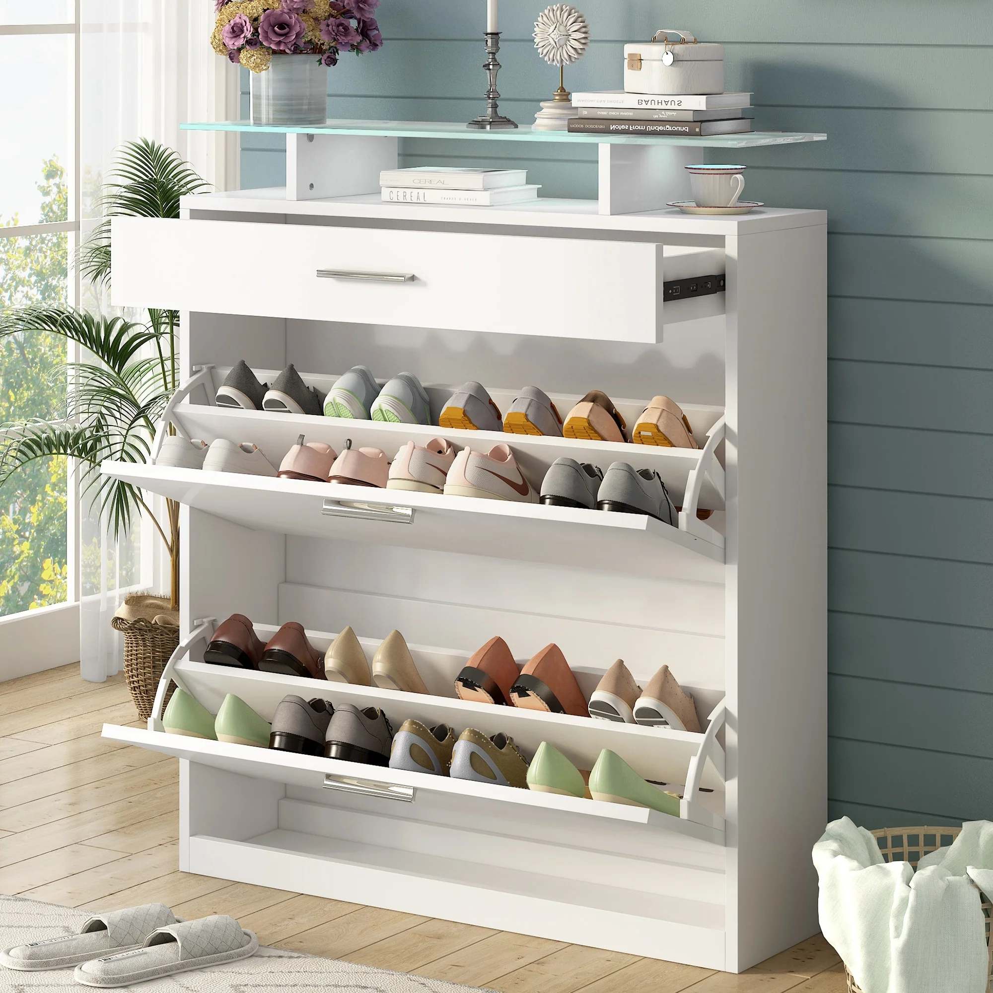 ON-TREND Slim Entryway Organizer with LED Light, two Flip Drawers, and Tempered Glass Top