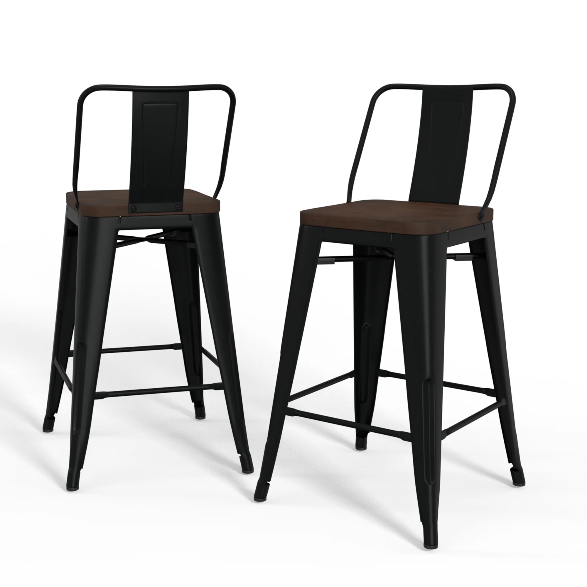 Boundless Metal/Wood Counter Stool with Curved Back, Cross Brace and Footrest, Set of 2
