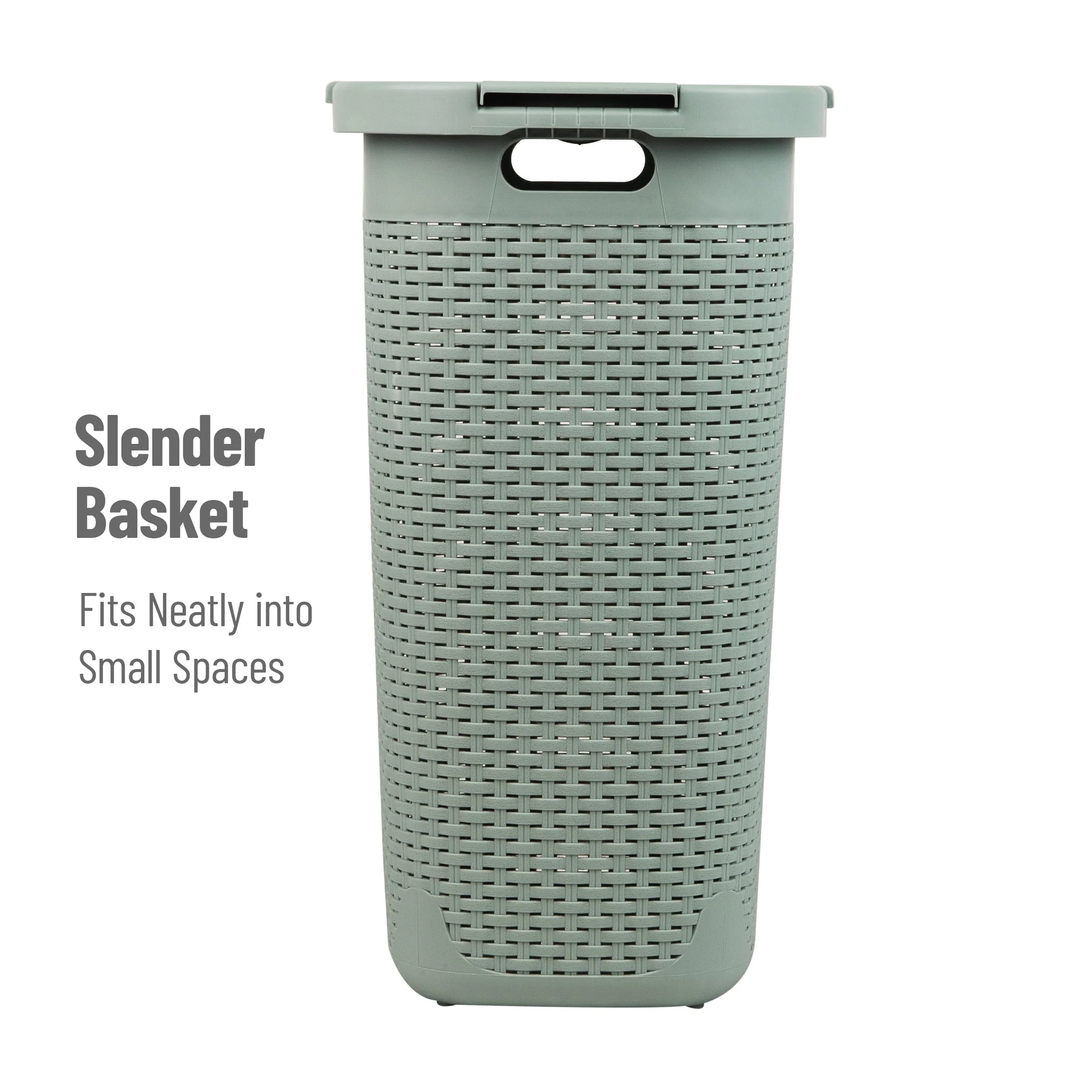 Mind Reader 60L Slim Laundry Hamper, Clothes Basket, Lid, Wicker Design, Plastic, 17.65