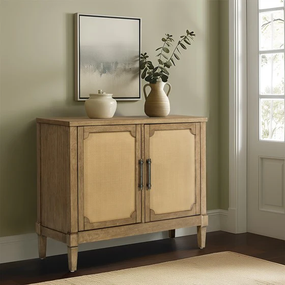 Accent Cabinet with 2 Cane Doors and Metal Pull Handles