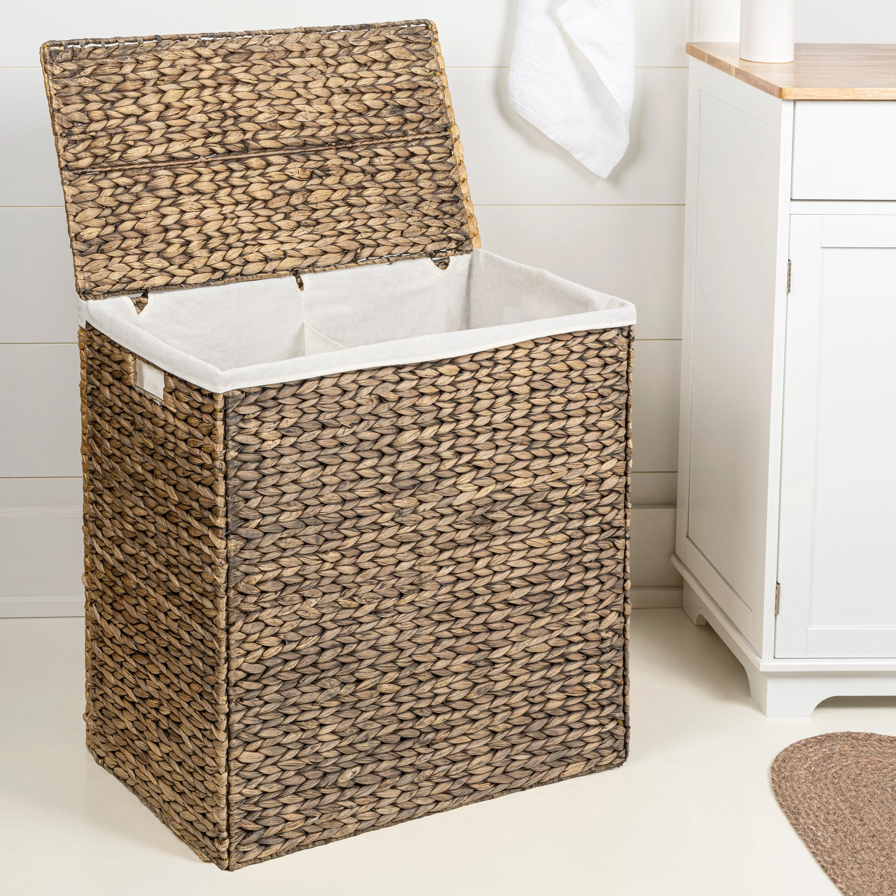 Handwoven 2-Section Collapsible Laundry Hamper, Washable Liner