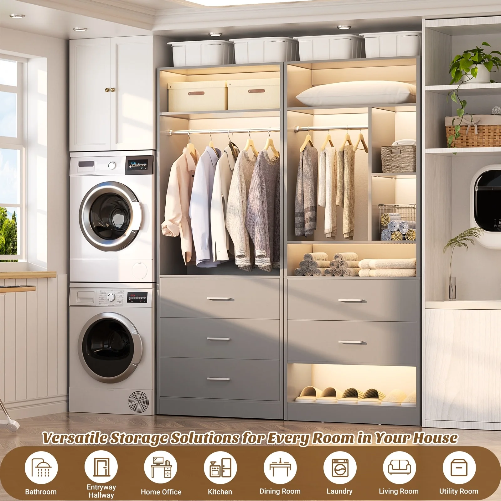 Kyrvo 48''W Set of 2 Freestanding Closet System with 5 Drawers ＆ 2 Hanging Rods,Reversible Wardrobe for Walk-in/Reach-in Closet