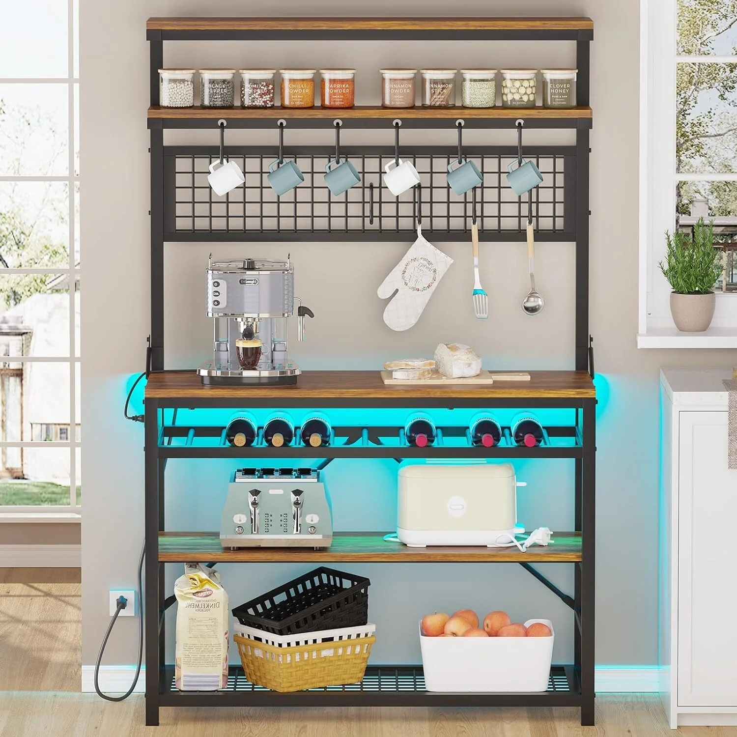 Bakers Rack with Power Outlet 6-Tier Coffee Bar Microwave Stand