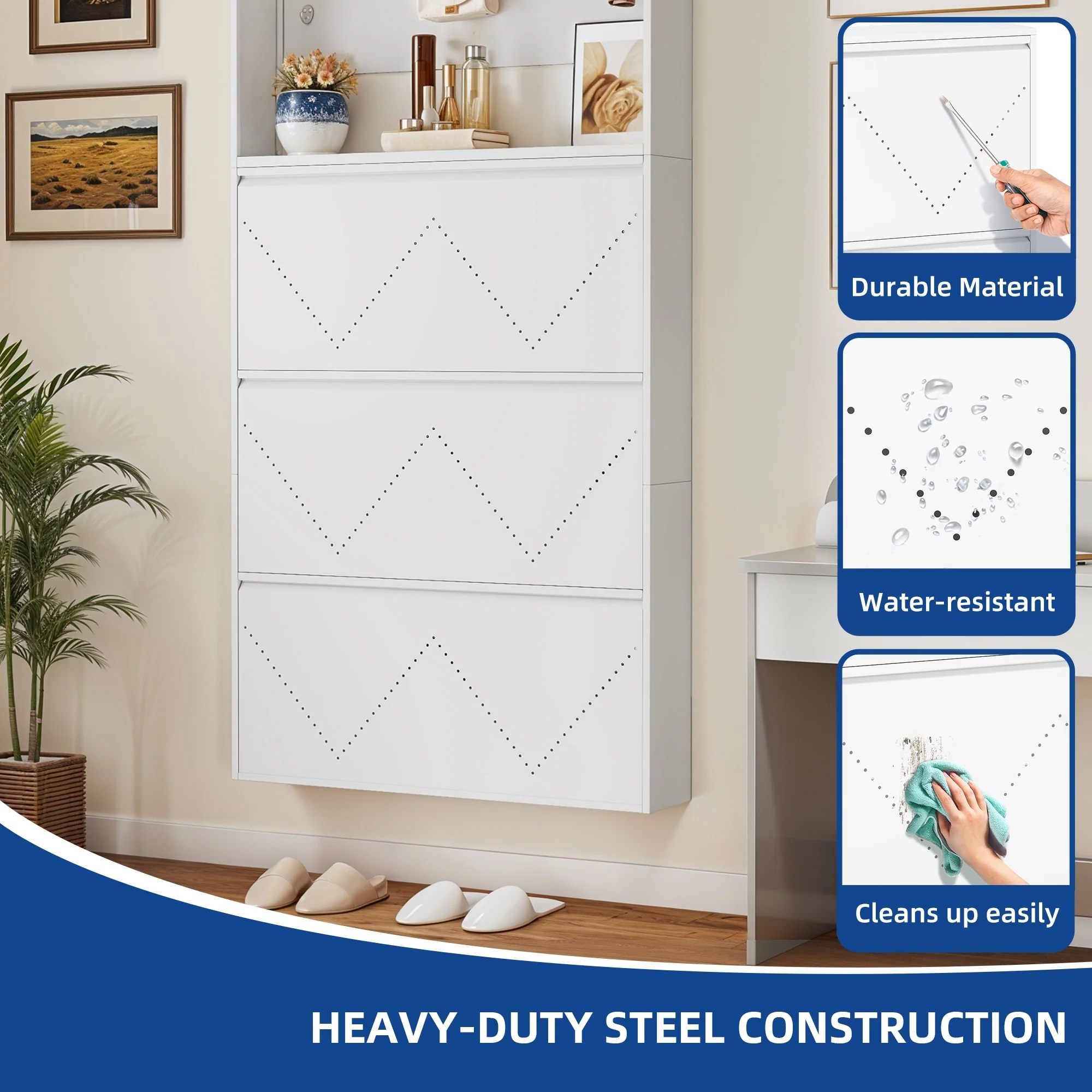 Moasis Wall-Mounted Shoe Cabinet with 3 Flip Drawers, Shoe Organizer with Hanging Bars and Hooks