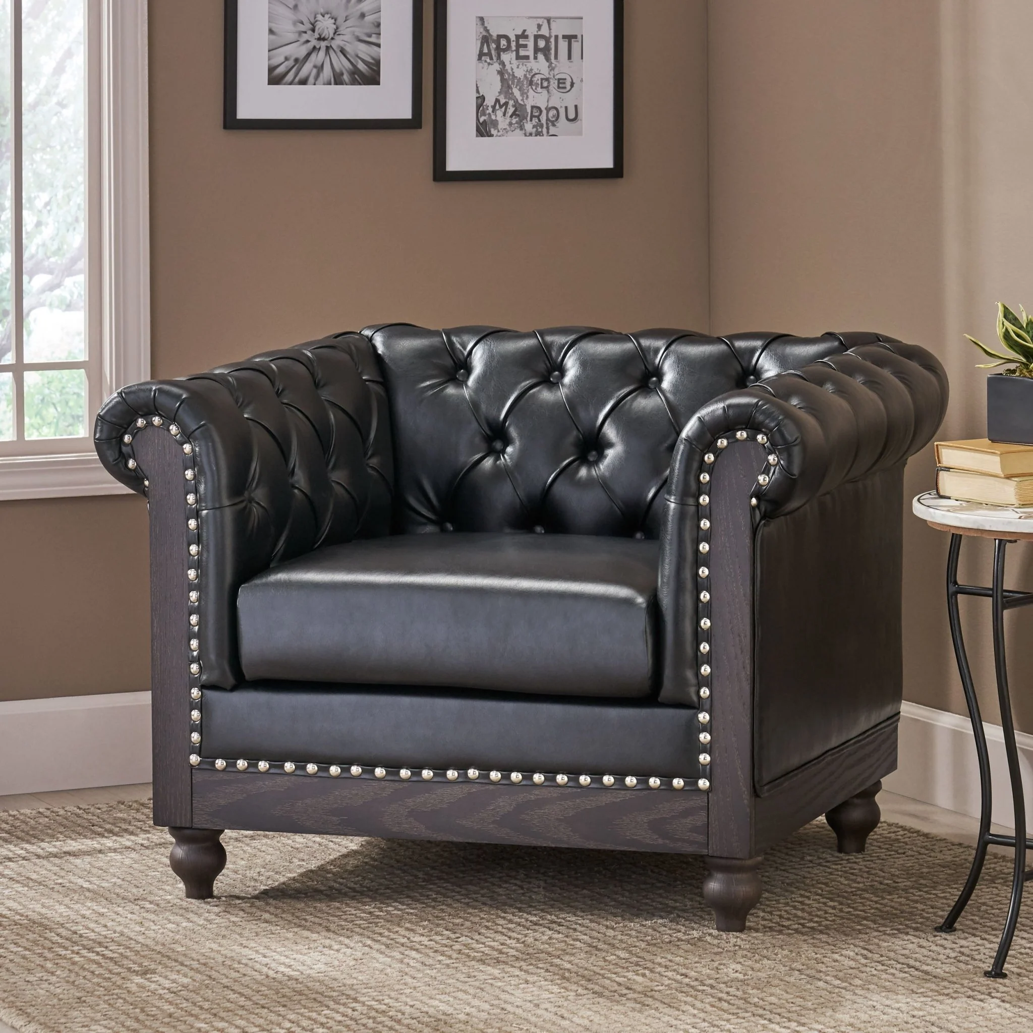 Luminex Tufted Upholstered Club Chair with Nailhead Accents and Scrolled Tuxedo Arms