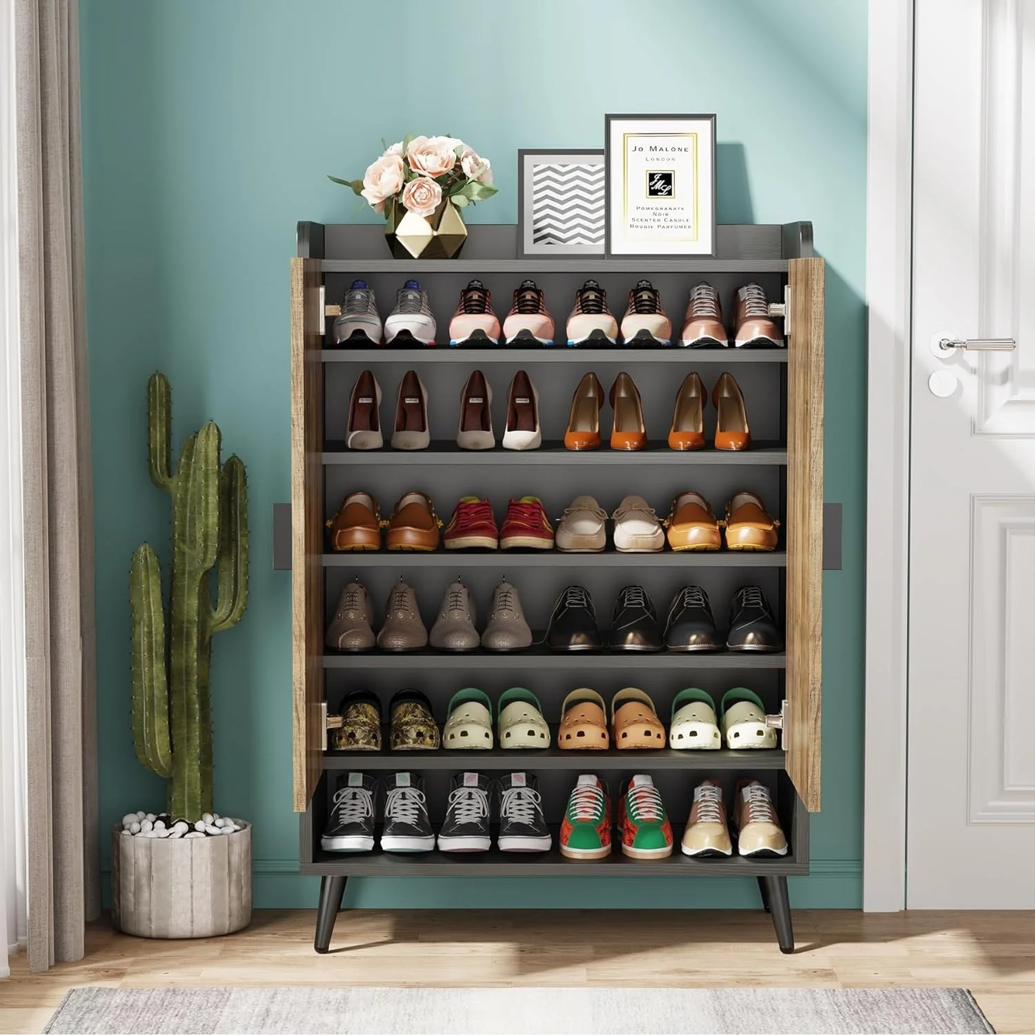 Shoe Cabinet with Doors, Entryway Shoe Storage Cabinet with Adjustable Shelves - 29.6