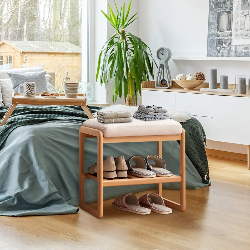 Solid Wood Shoe Bench with Sponge Cushion, Shoe Rack for Entryway - 23