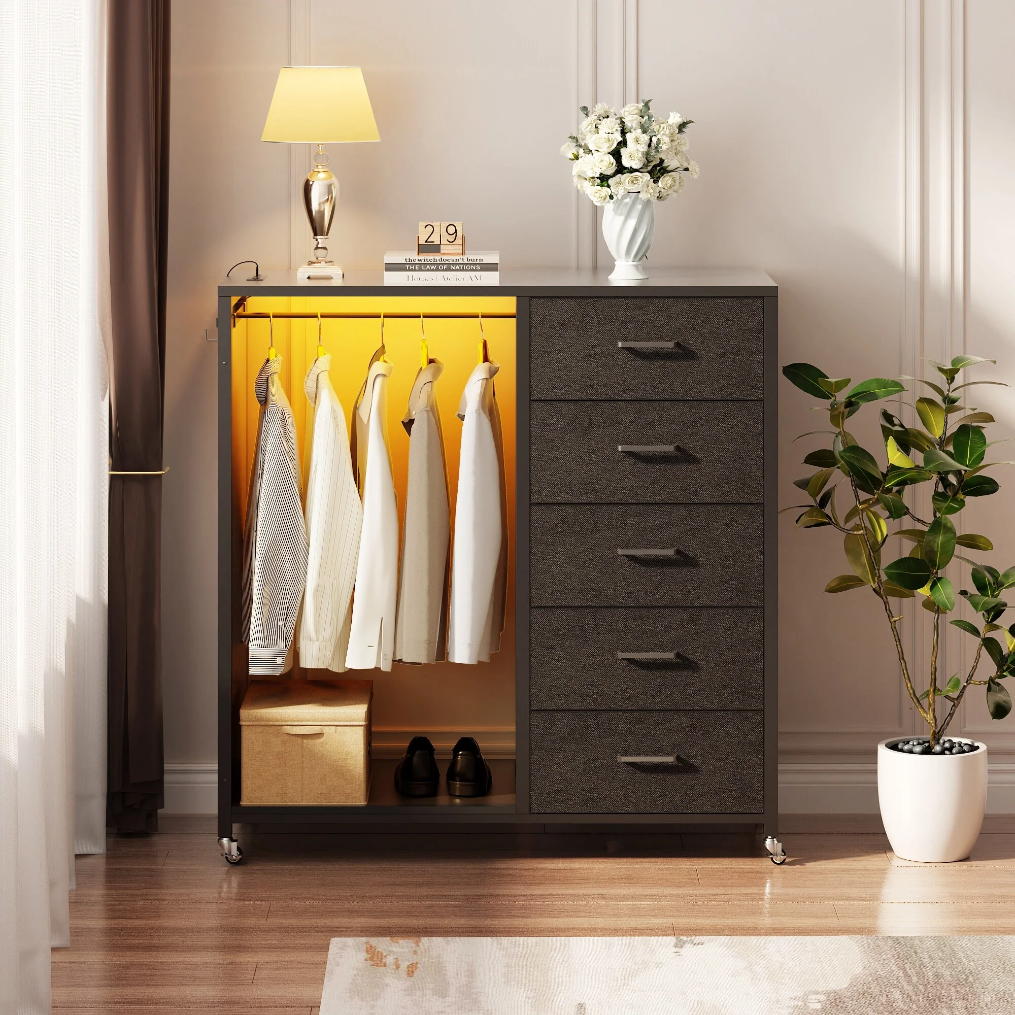 Kid's Closet Organizer with Fabric Drawers and Mirror, Rolling Dresser and Chest with Charge Station