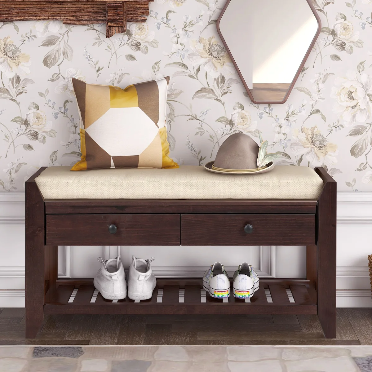 Shoe Rack with Cushioned Seat and Drawers, Multipurpose Entryway Storage Bench
