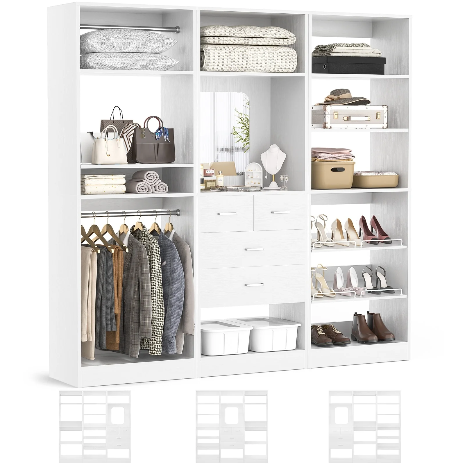 Cimly Set of 3 Freestanding Closet System with Drawers and Shoe Racks, 75'' Closet Organizer with Hanging Rods and Mirror
