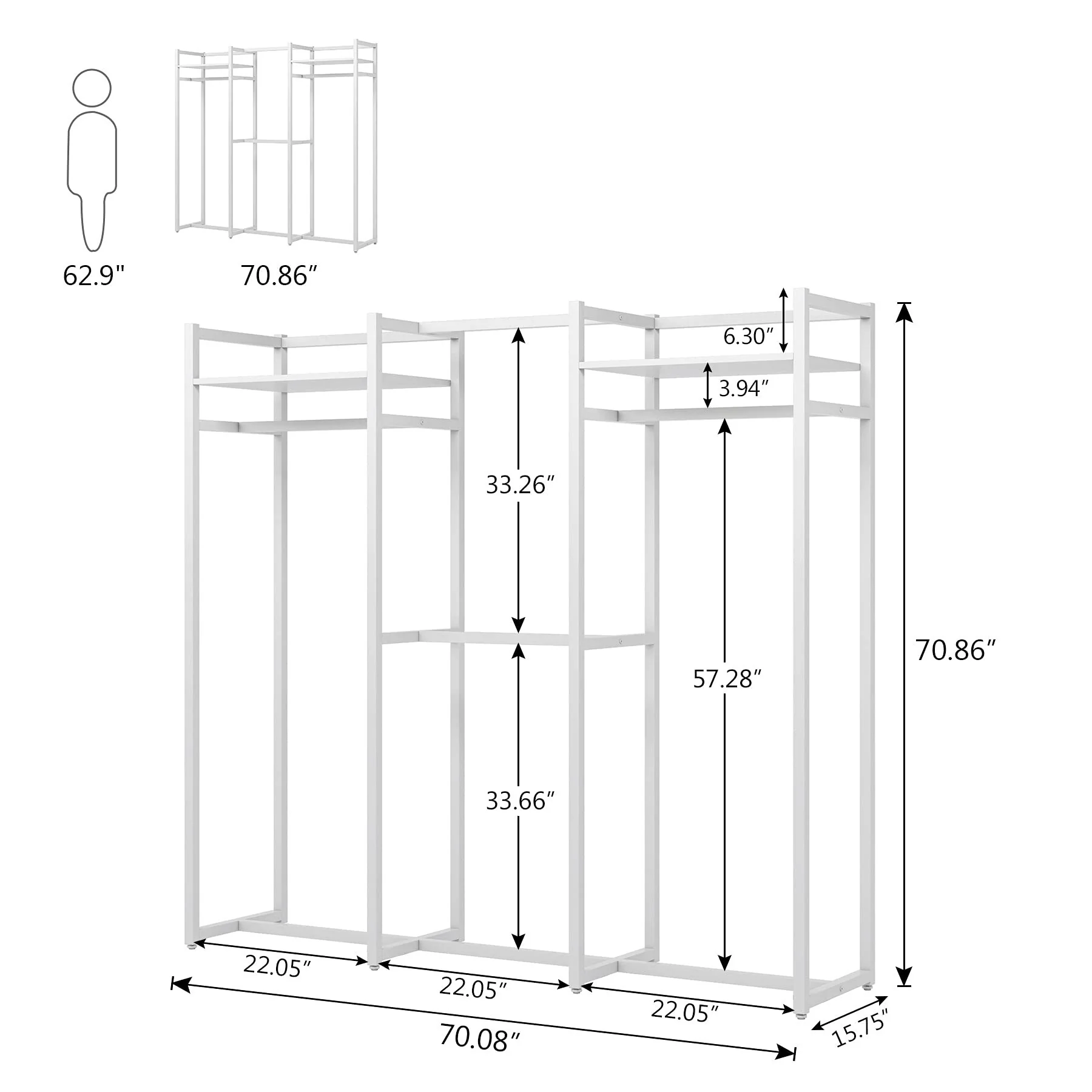 Free Standing Closet Organizer with Hanging Rods, Garment Rack Heavy Duty Clothes Rack with Storage Shelves, Max Load 500LBS
