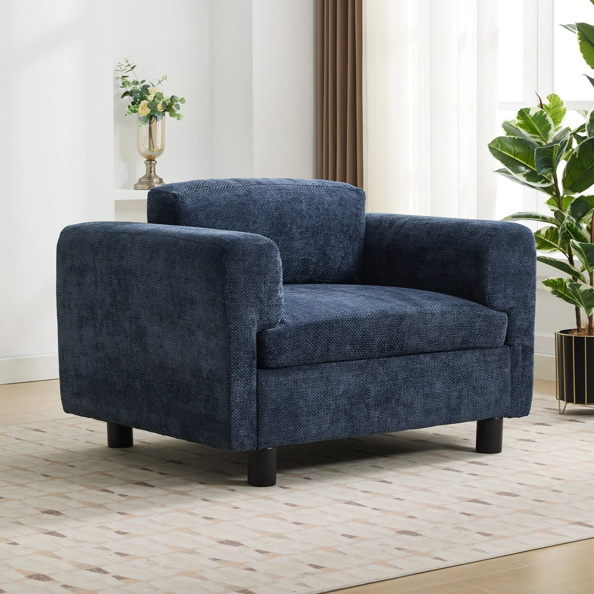 Elixired Upholstered Arm Chair with Tucked Armrests and Round Rubberwood Legs