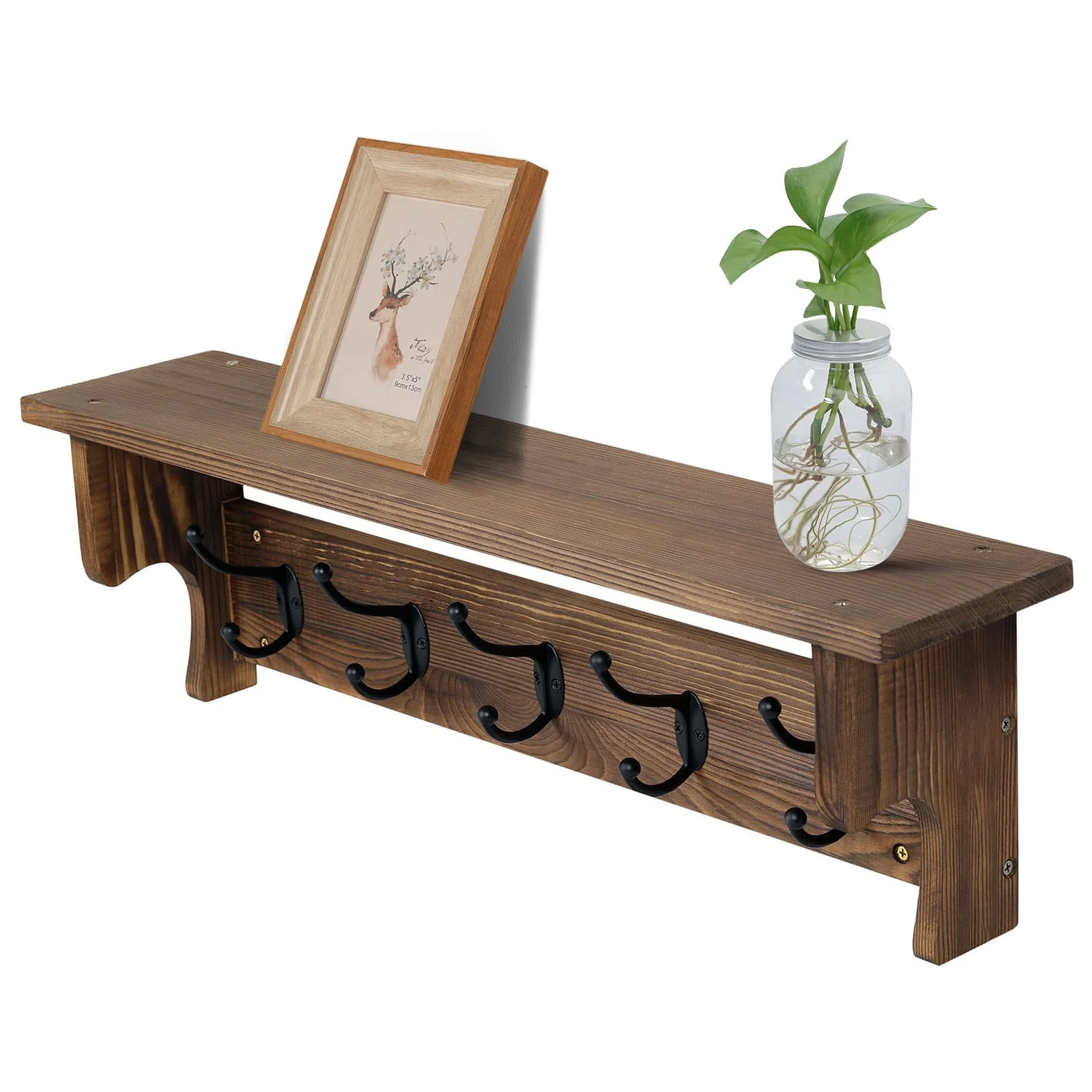 Rustic Wall Mounted Coat Rack with Storage Shelf & Metal Hooks
