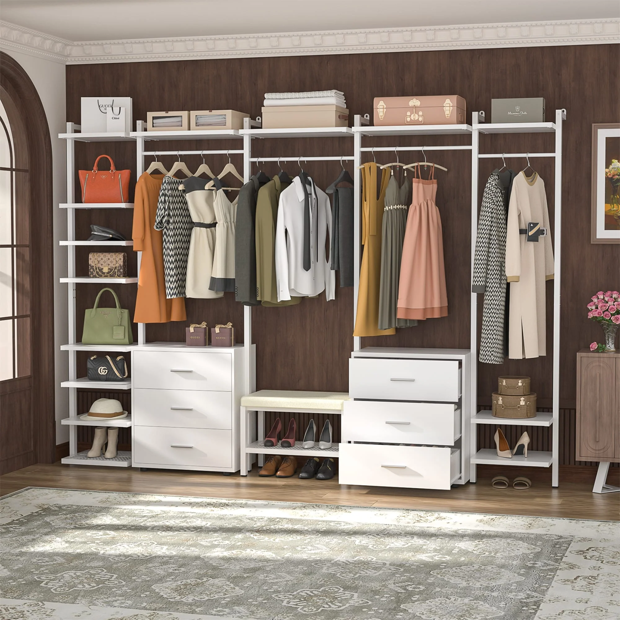 Walk in Closet System with 6 Closet Drawers, 96'' Multifunctional Clothes Rack Closet Organizer