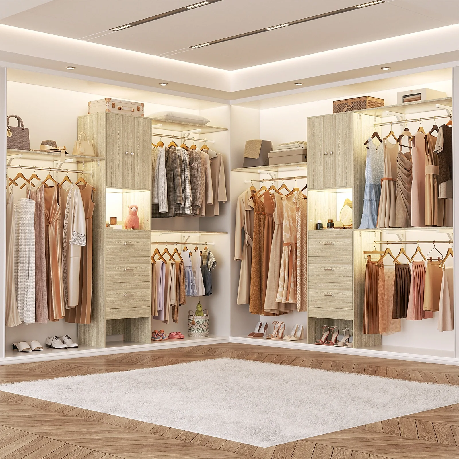 20''-96'' Wide Wooden Closet Organizer With Doors, Adjustable Closet System with Drawers and Hanging Rods