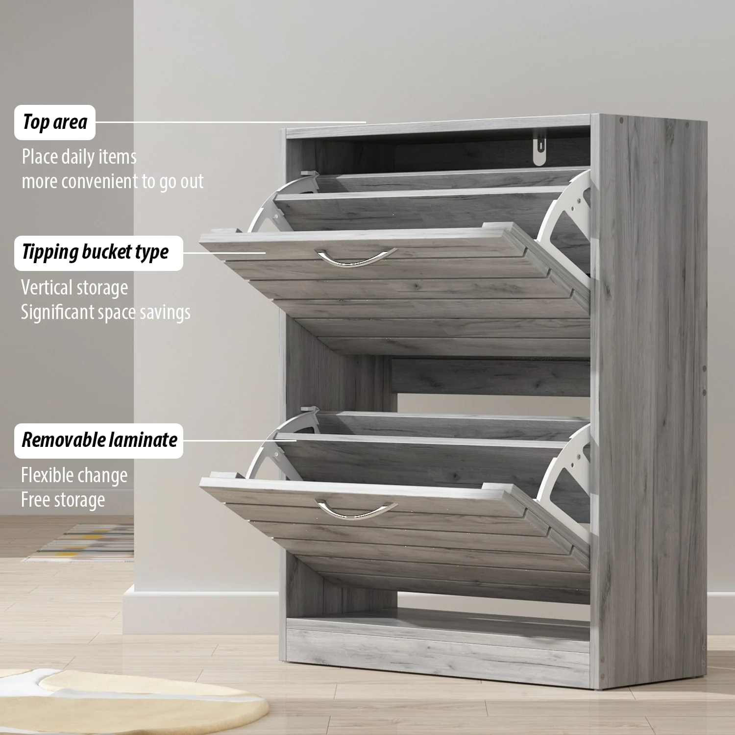Shoe Storage Cabinet Two Drawer Space Saving Grey/Oak/White Dresser