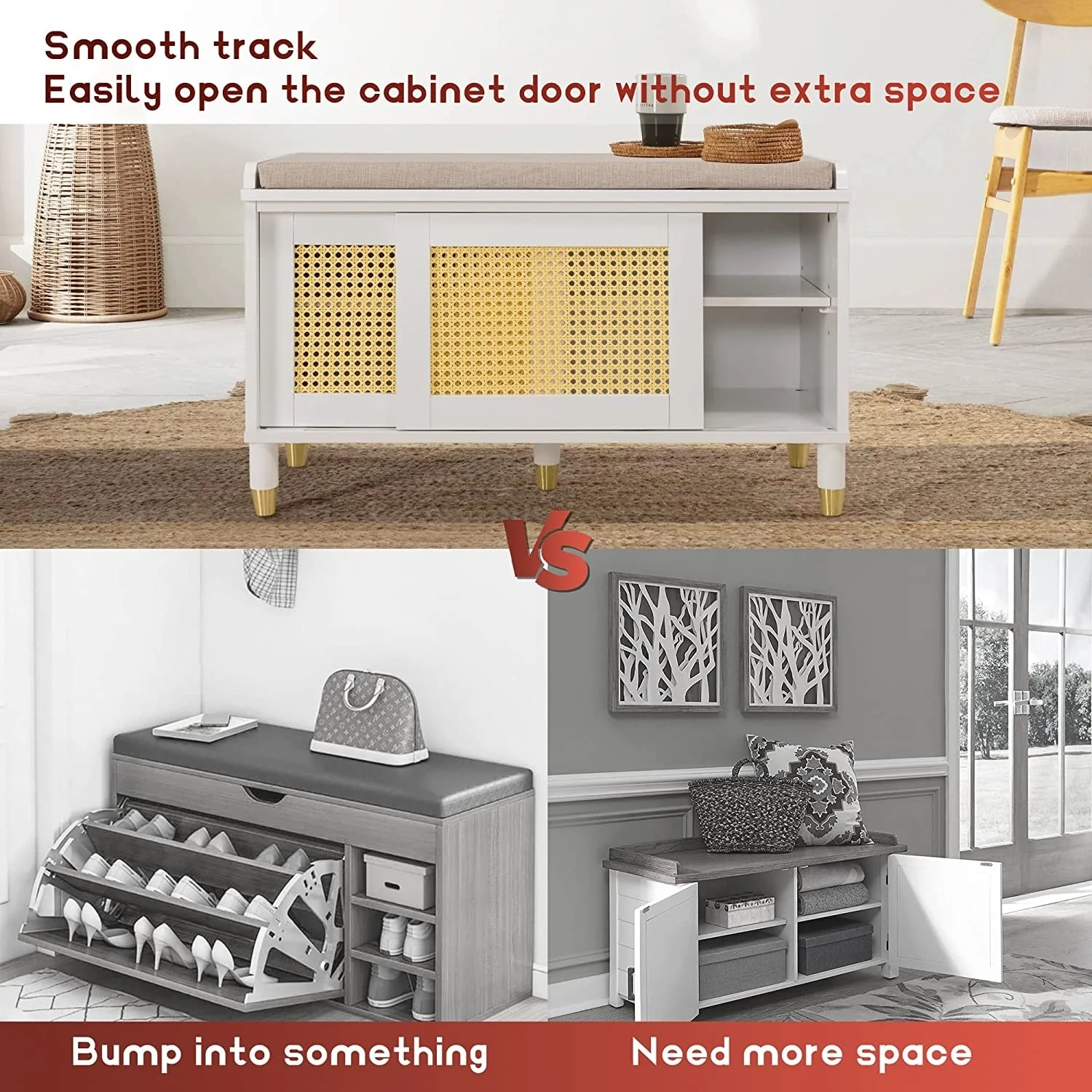 Shoe Storage Bench Cabinet Rattan Style Shoe Cabinet for Entryway