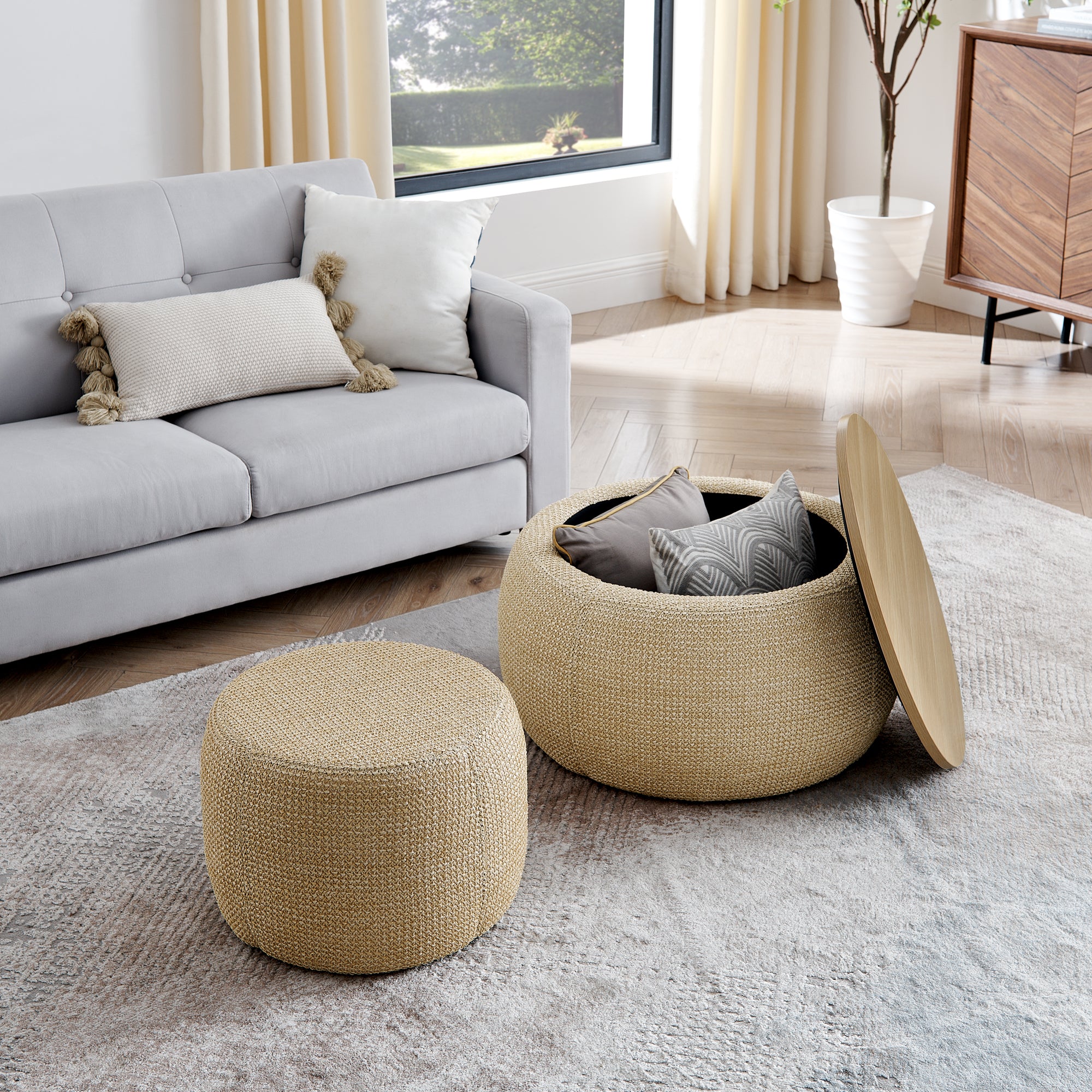 Storage Ottoman Set with Dual Functionality, Serves as an End Table and Seat