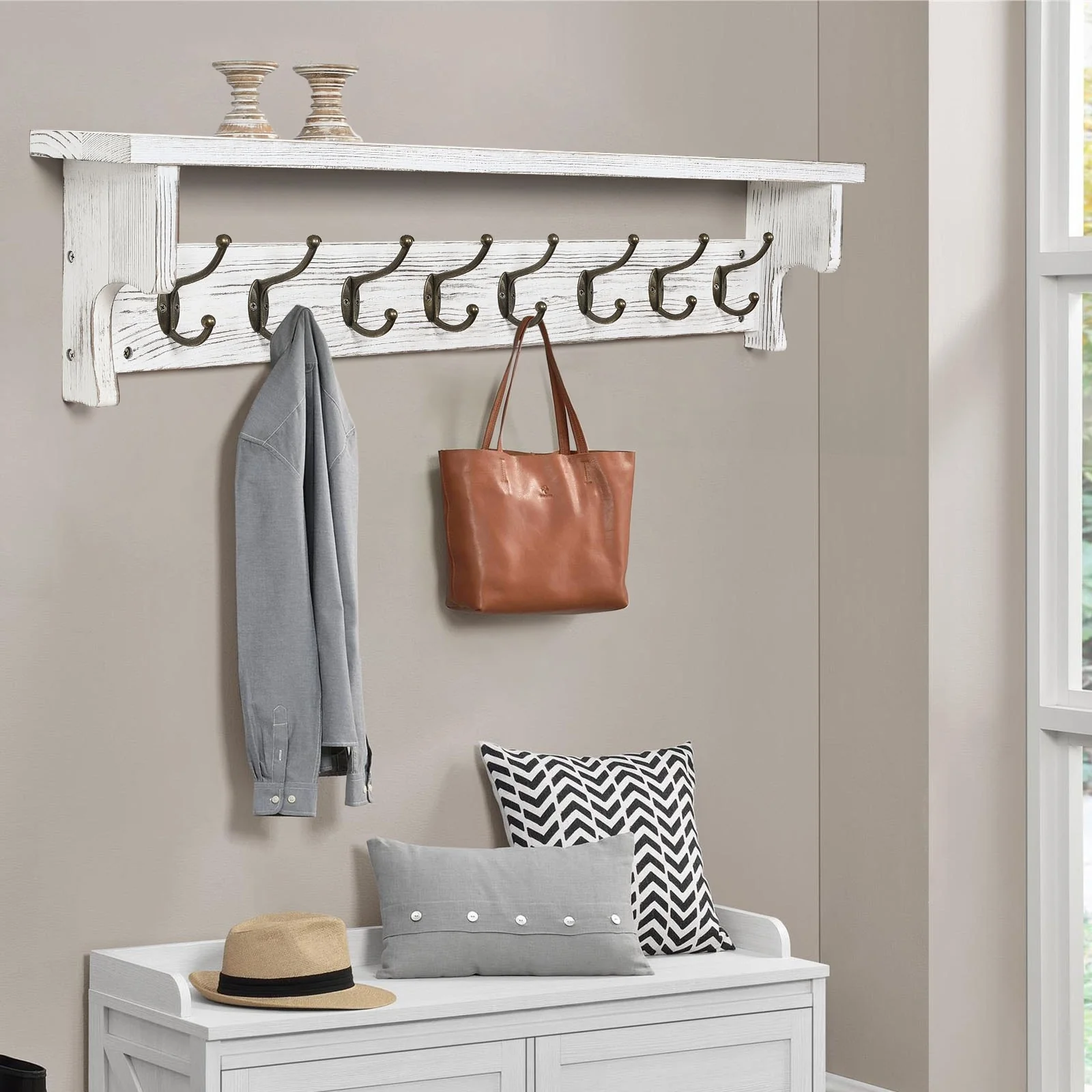 Rustic Wall Mounted Coat Rack with Storage Shelf & Metal Hooks