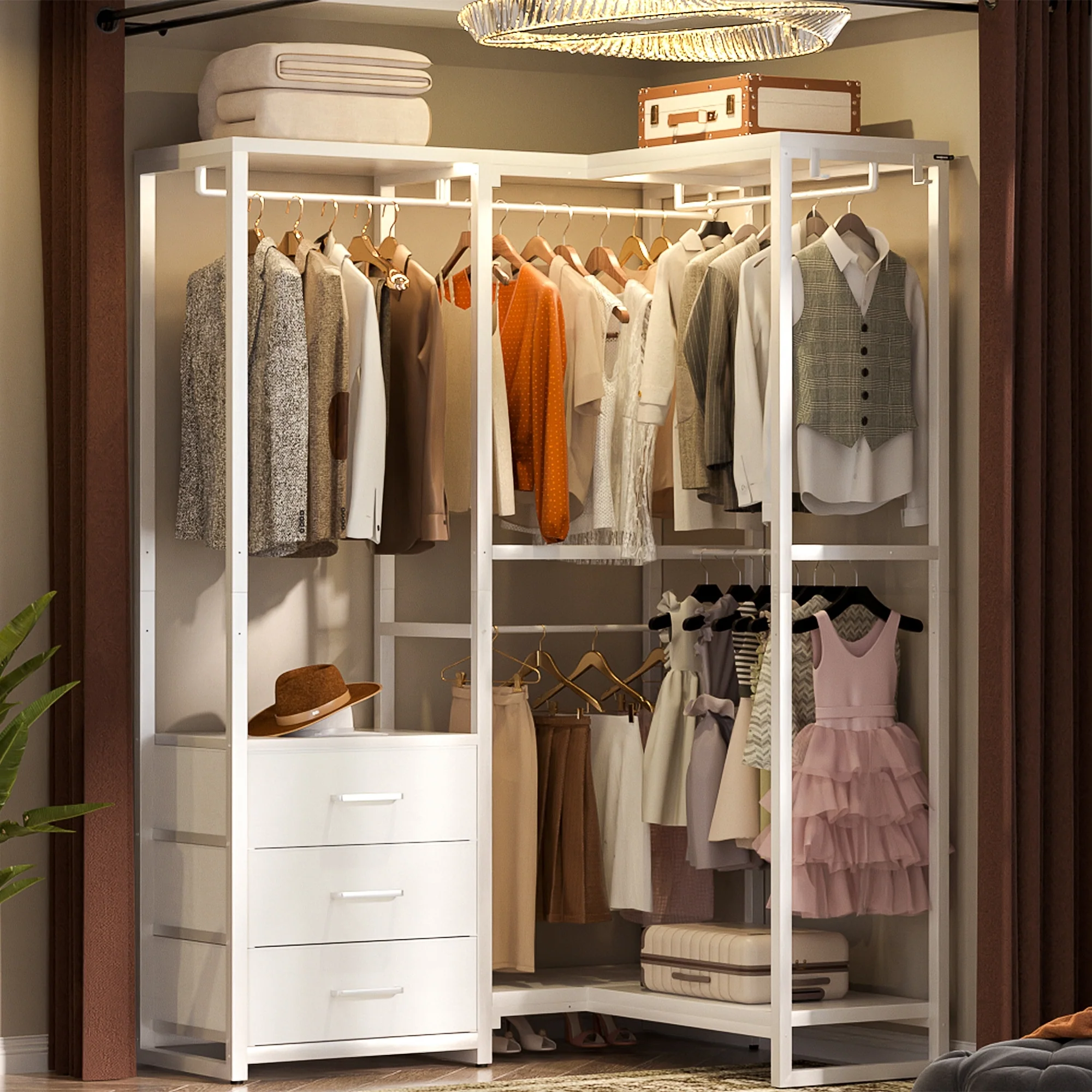 65.6'' Heavy-duty Garment Rack, Freestanding Closet Organizer with Fabric Drawers and 5 hanging Rods