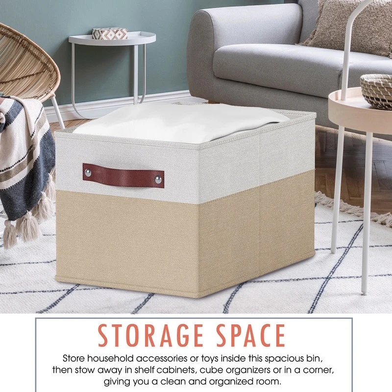 3 Pack Collapsible Shelf Basket Rectangle Storage Bins with Faux Leather Handles