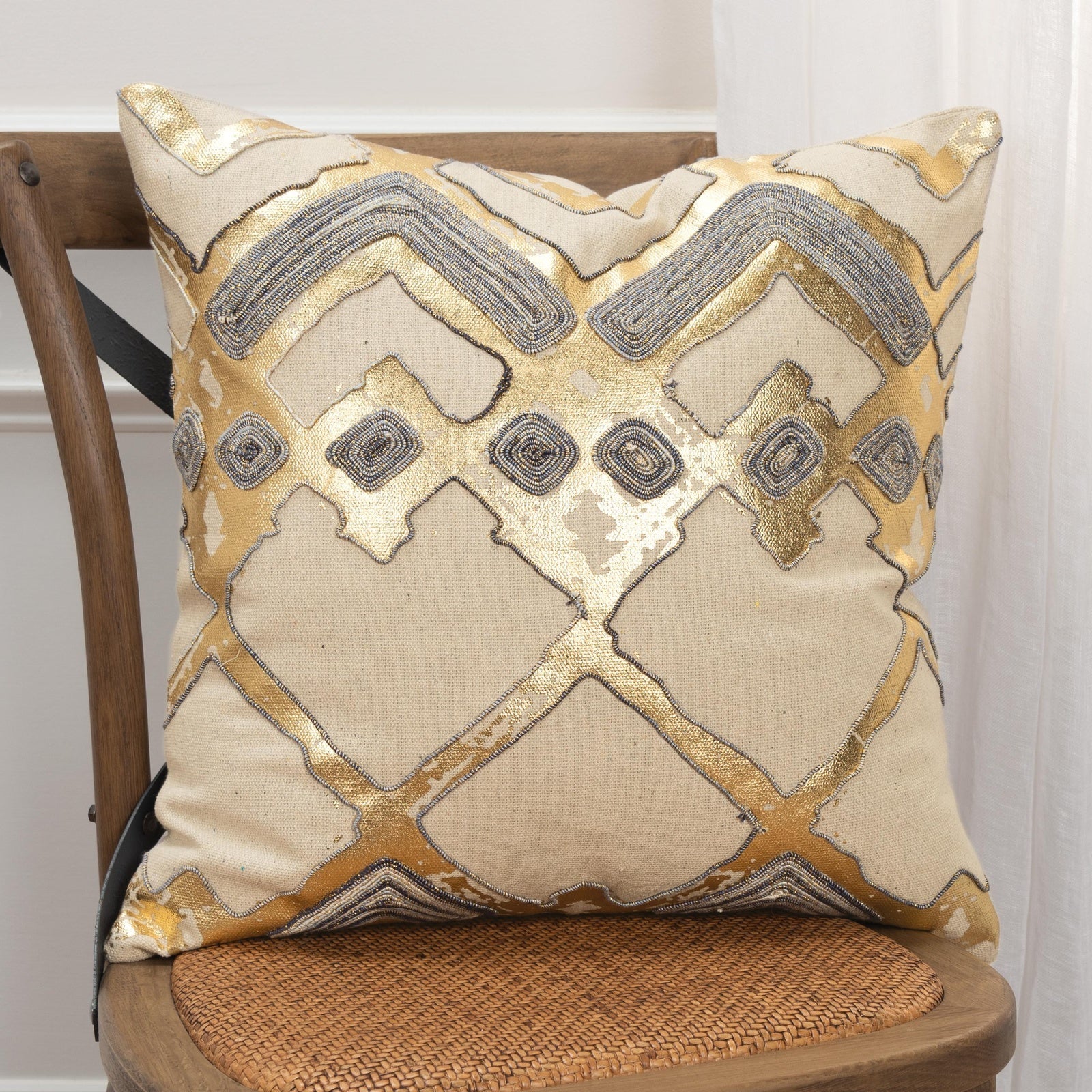 Knife Edge Printed With Embellishment Cotton Geometric Decorative Throw Pillow
