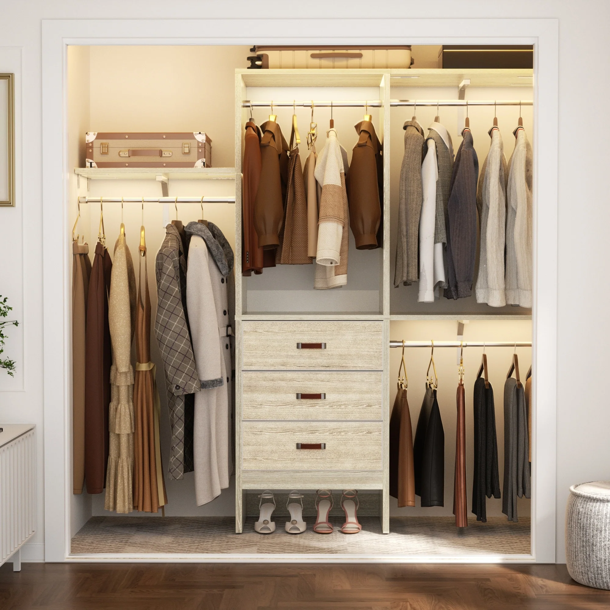 4FT Kid‘s Closet System with Fabric Drawers, DIY Closet Organizer with Adjustable Hanging Rods