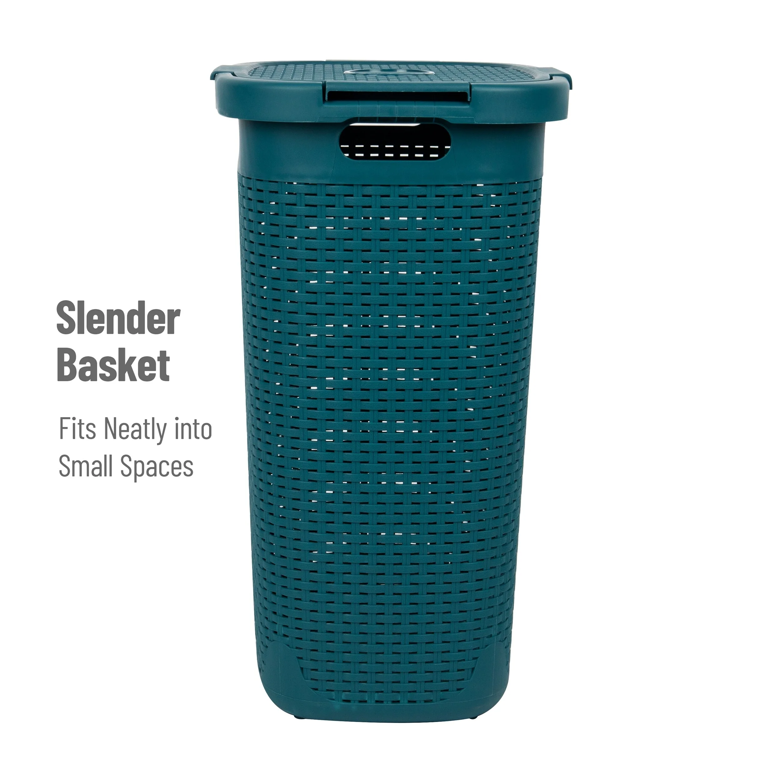 Mind Reader 60L Slim Laundry Hamper, Clothes Basket, Lid, Wicker Design, Plastic, 17.65