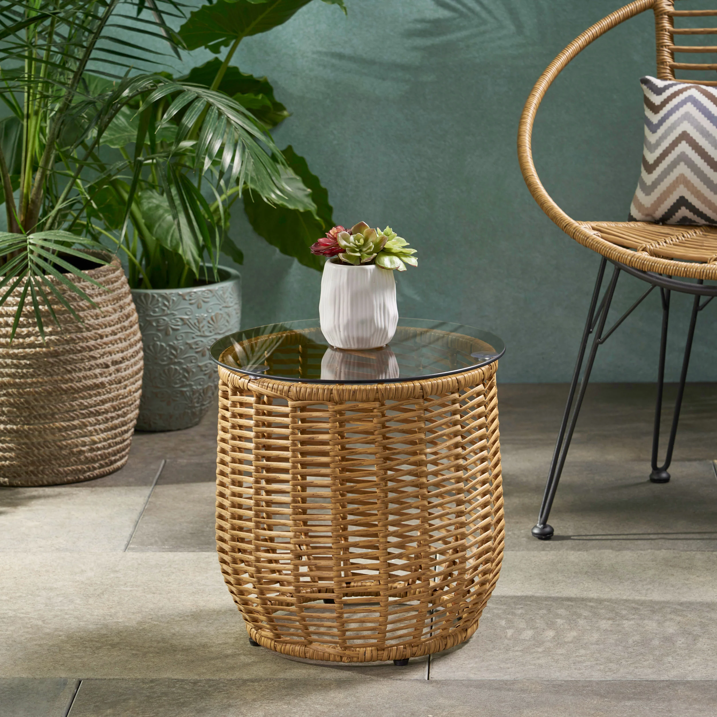 Outdoor Rattan Side Table with Tempered Glass Top and Metal Frame