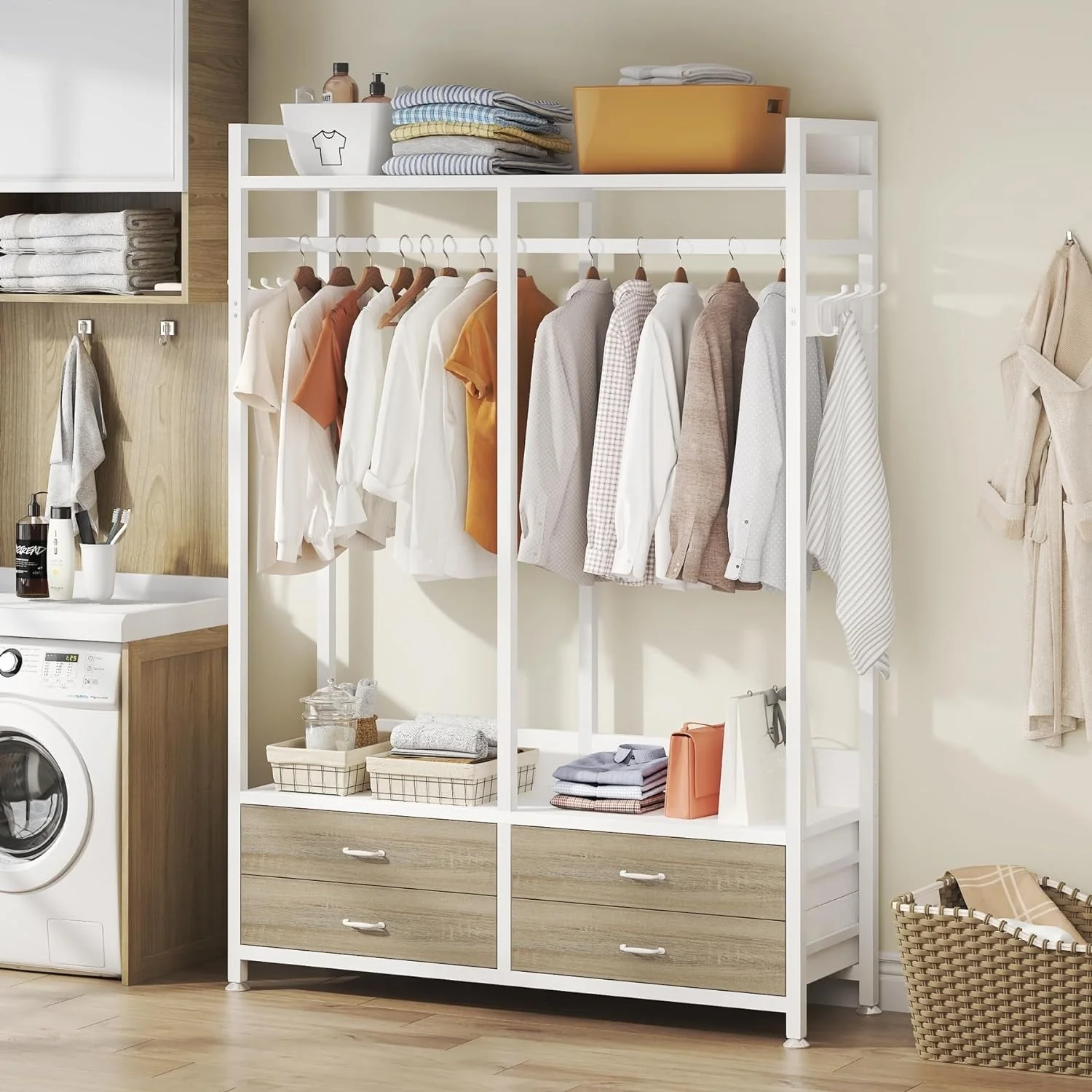 Freestanding Open Wardrobe Closet, Heavy Duty Garment Rack Closet Organizer, Rustic Brown