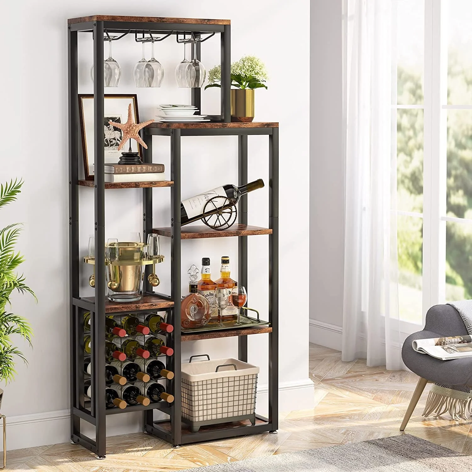 5-Tier Freestanding Floor Wine Baker Rack with Glass Holder & Wine Storage, Industrial Wine Display for Bar, Dining Room - N/A