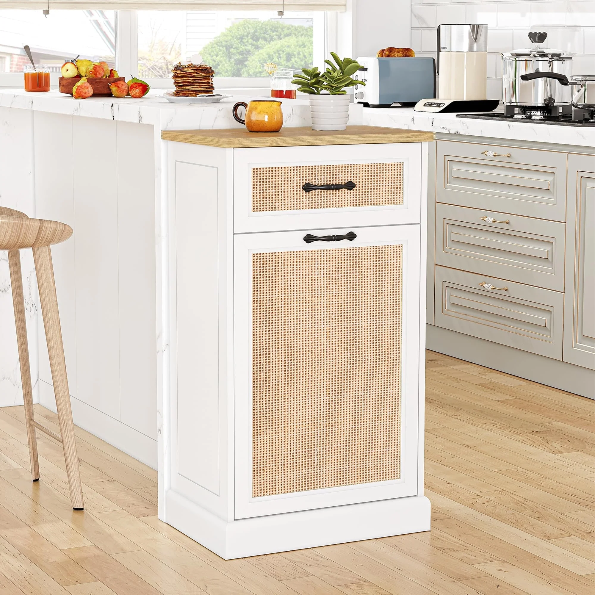 Rattarn Kitchen Tilt Out Trash Can Cabinet with Drawer